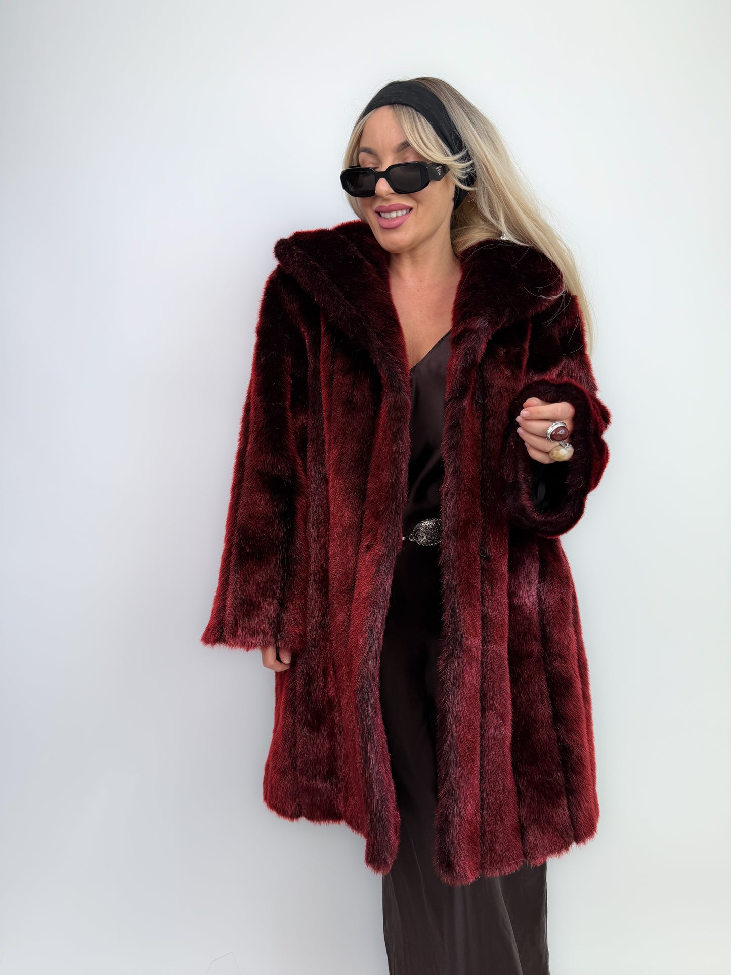 Vintage Burgundy Deep Wine Red Faux Fur Winter Coat M-L