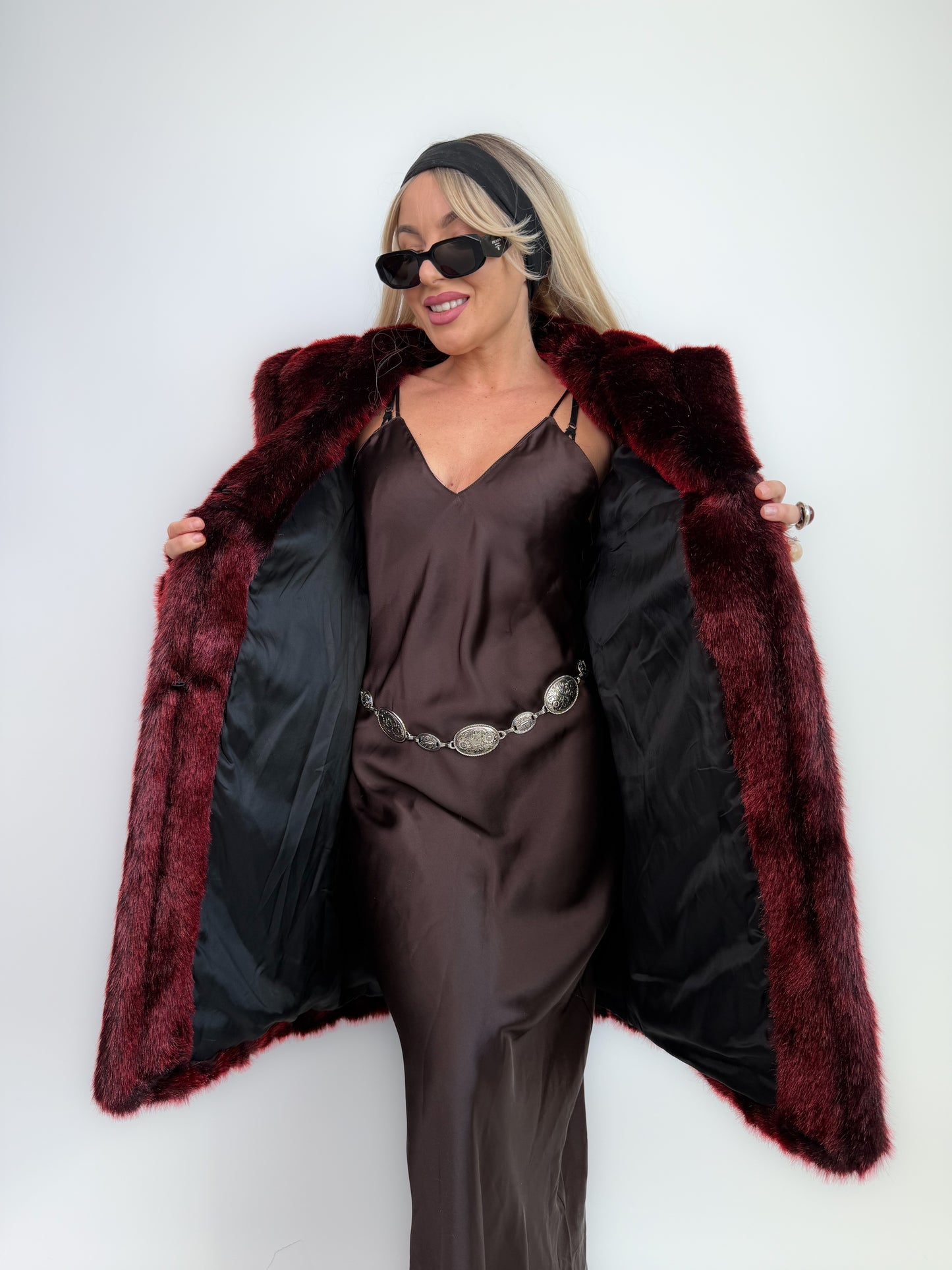 Vintage Burgundy Deep Wine Red Faux Fur Winter Coat M-L