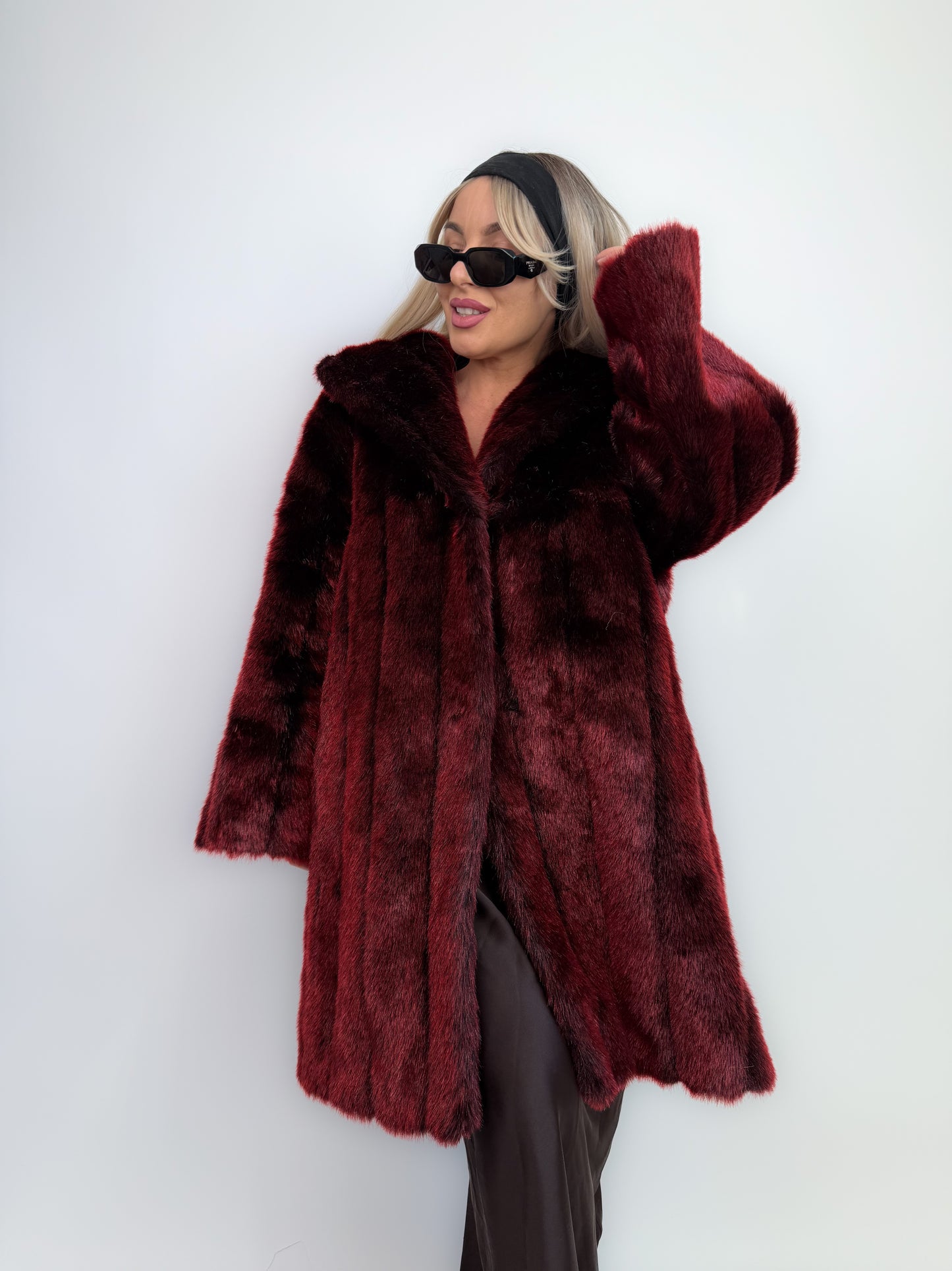 Vintage Burgundy Deep Wine Red Faux Fur Winter Coat M-L