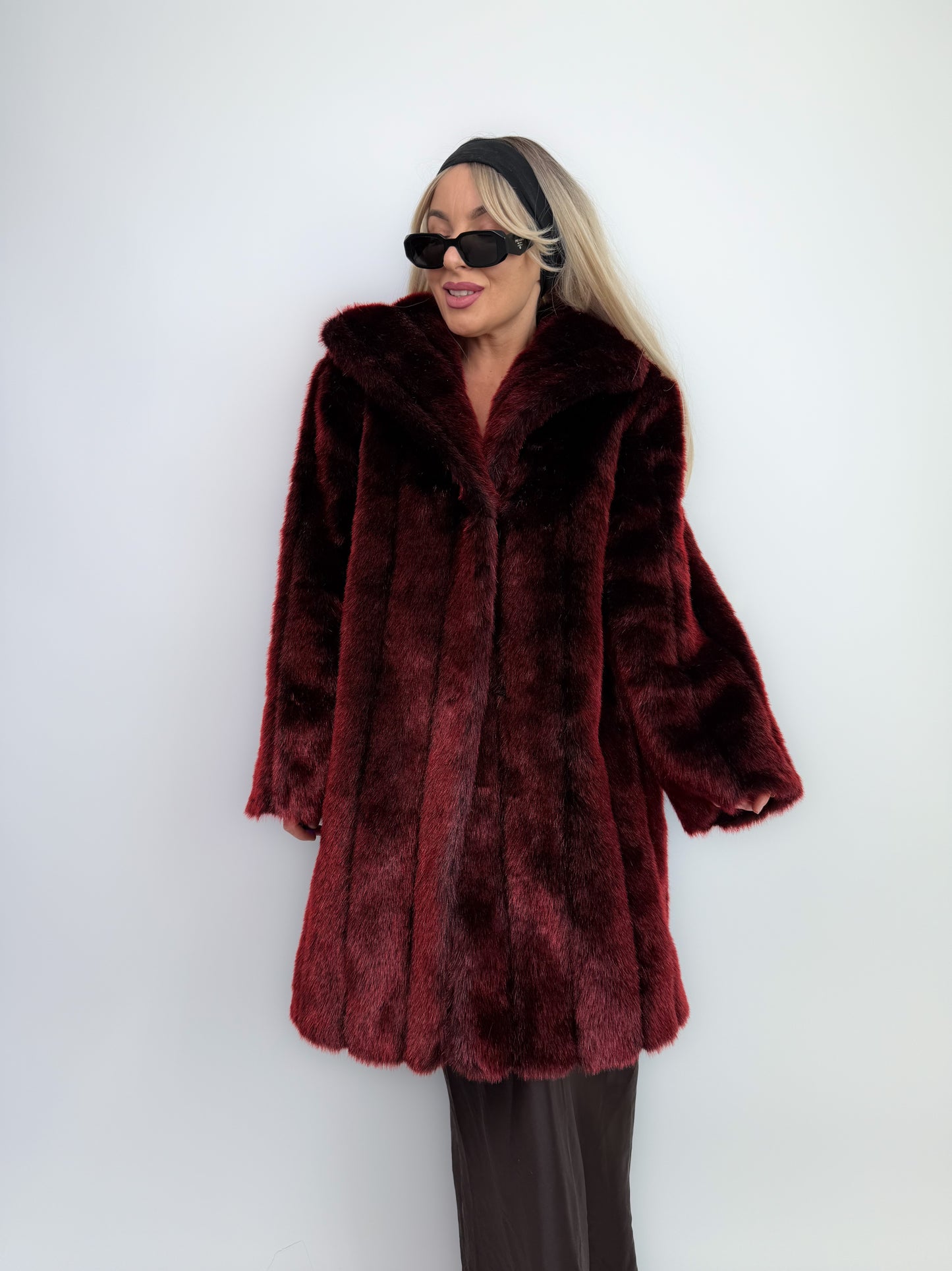 Vintage Burgundy Deep Wine Red Faux Fur Winter Coat M-L