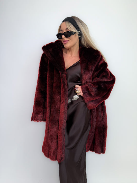 Vintage Burgundy Deep Wine Red Faux Fur Winter Coat M-L