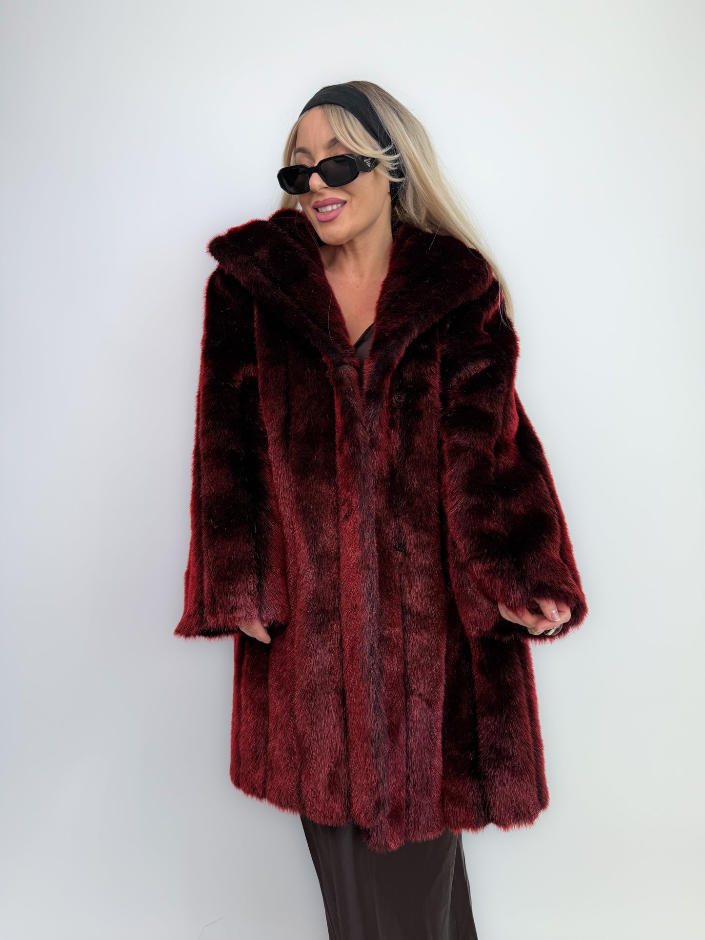 Vintage Burgundy Deep Wine Red Faux Fur Winter Coat M-L