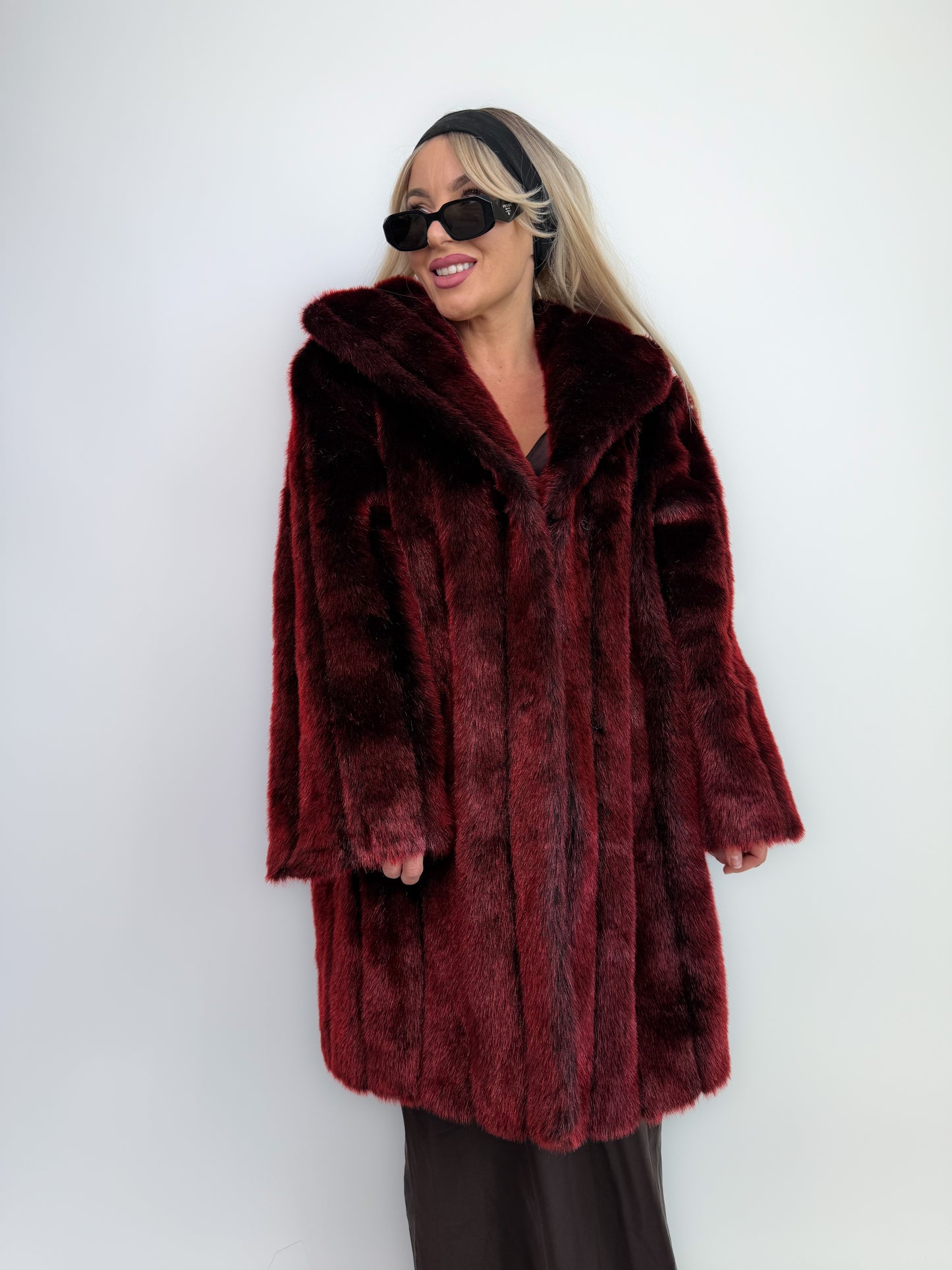 Vintage Burgundy Deep Wine Red Faux Fur Winter Coat M-L