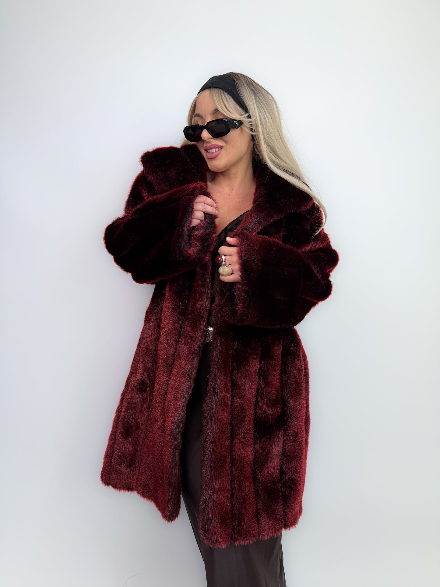 Vintage Burgundy Deep Wine Red Faux Fur Winter Coat M-L