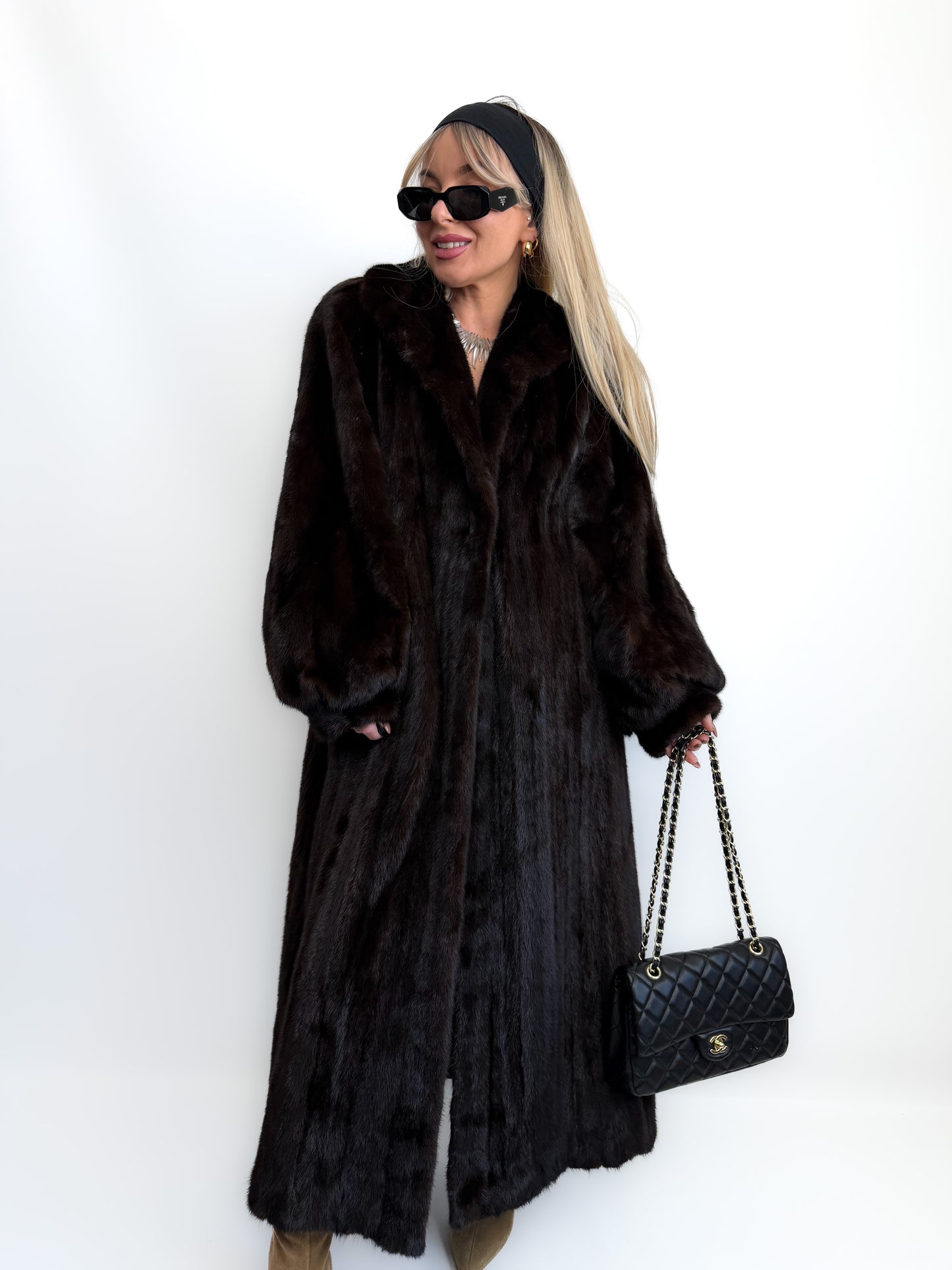 Vintage Long Brown Natural Mink Coat Mob Wife Old Money Luxorious Style Winter Jacket S-M
