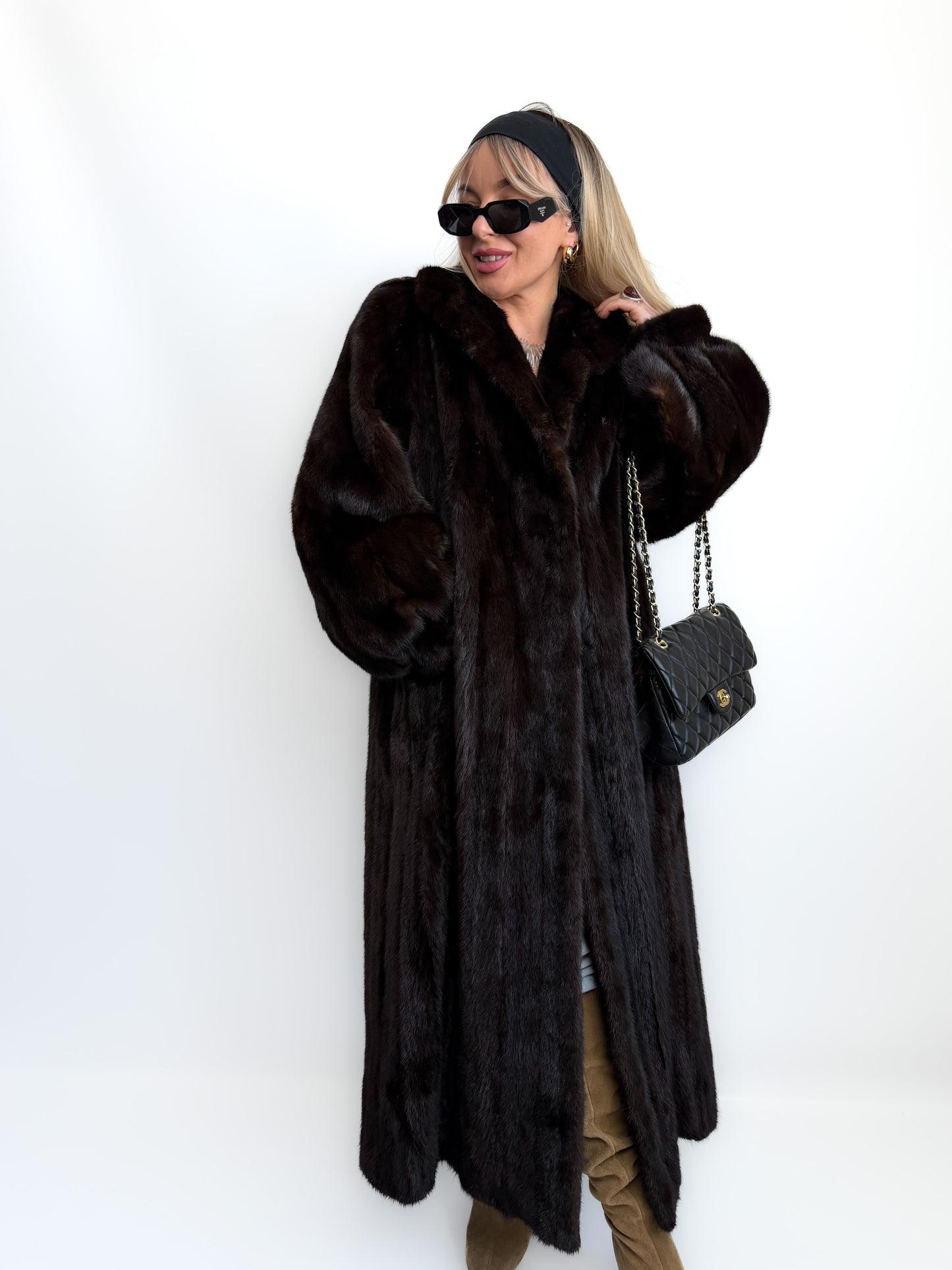 Vintage Long Brown Natural Mink Coat Mob Wife Old Money Luxorious Style Winter Jacket S-M