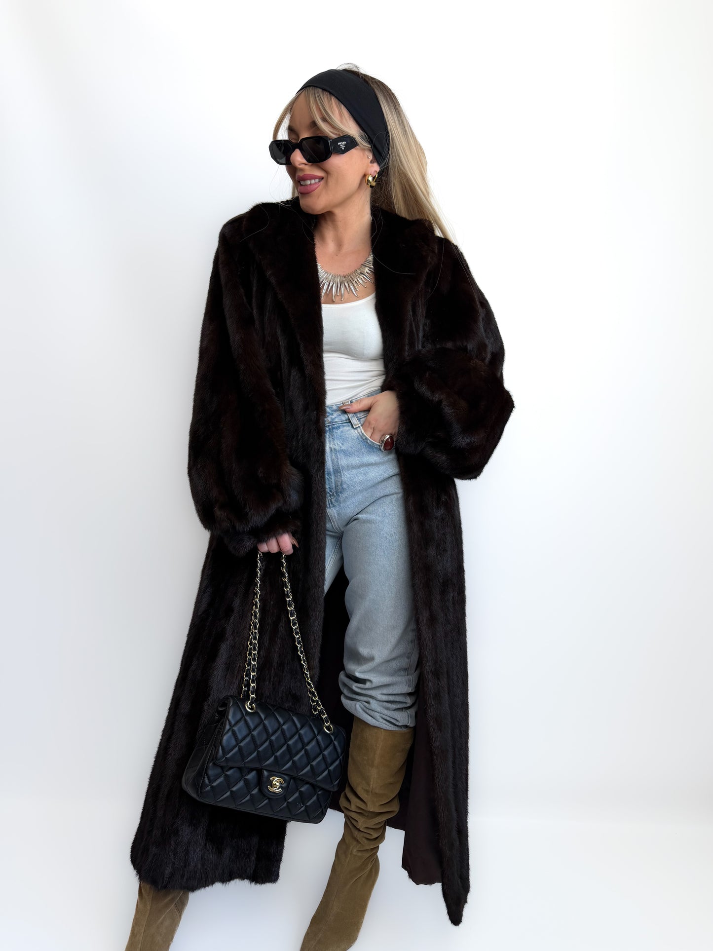 Vintage Long Brown Natural Mink Coat Mob Wife Old Money Luxorious Style Winter Jacket S-M
