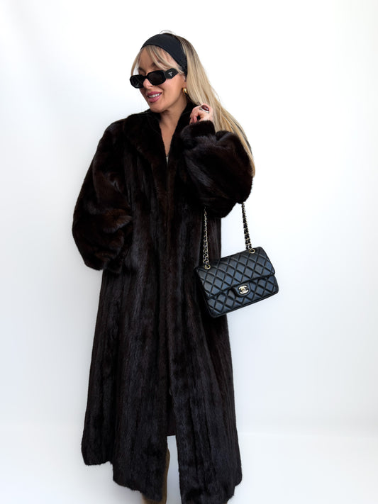 Vintage Long Brown Natural Mink Coat Mob Wife Old Money Luxorious Style Winter Jacket S-M