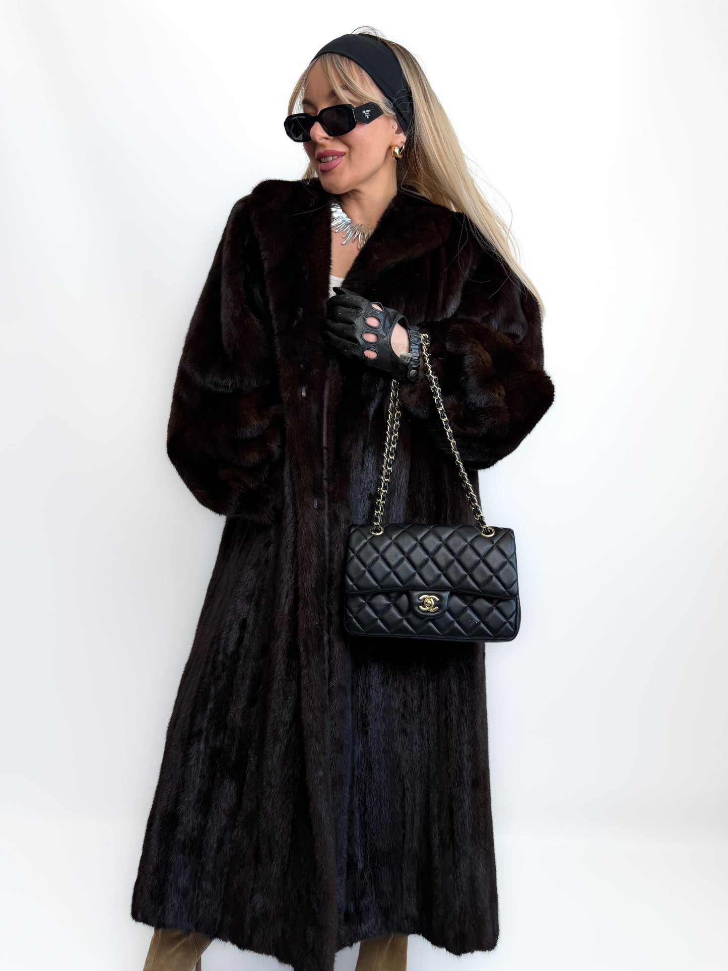 Vintage Long Brown Natural Mink Coat Mob Wife Old Money Luxorious Style Winter Jacket S-M