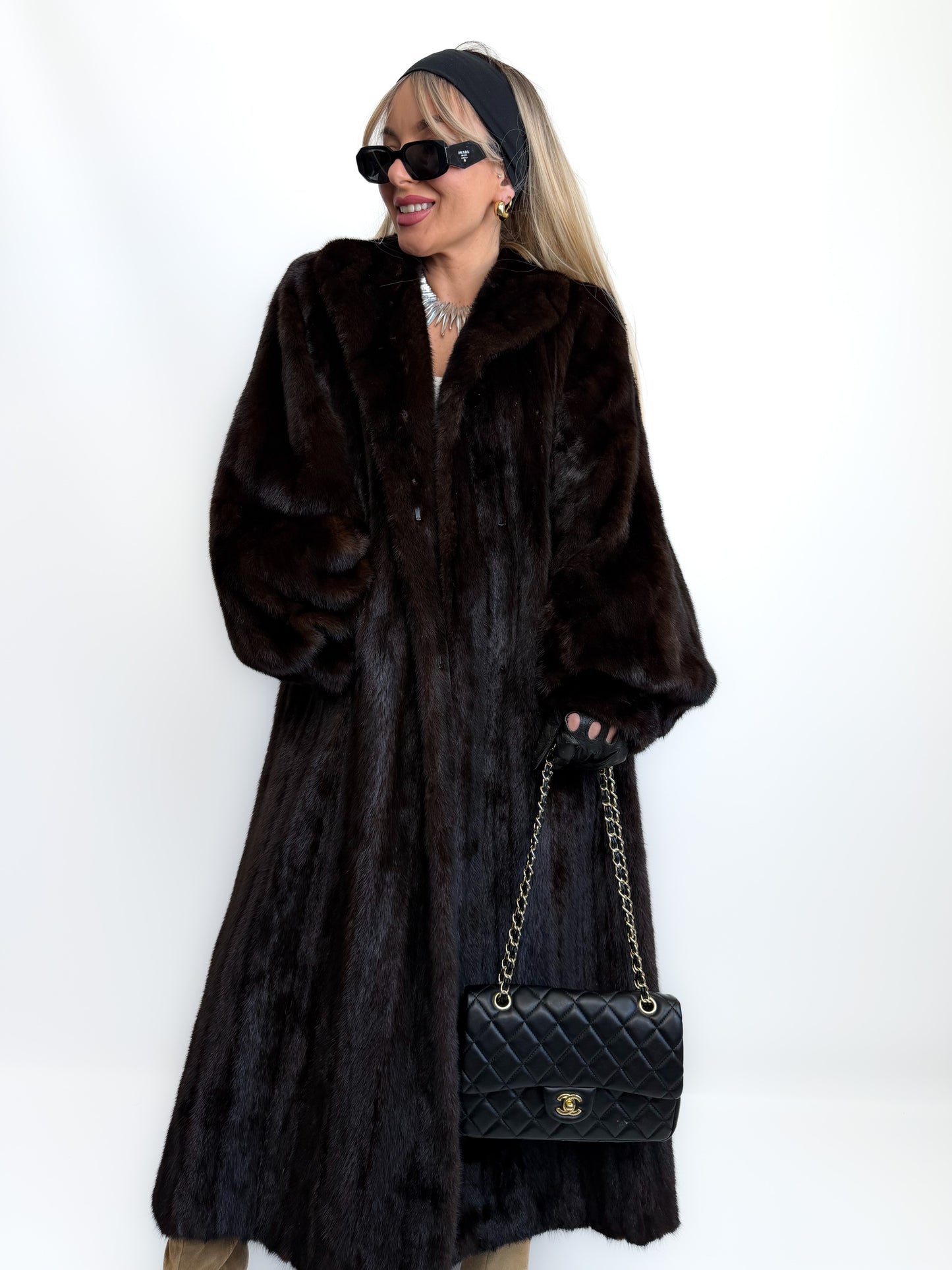 Vintage Long Brown Natural Mink Coat Mob Wife Old Money Luxorious Style Winter Jacket S-M
