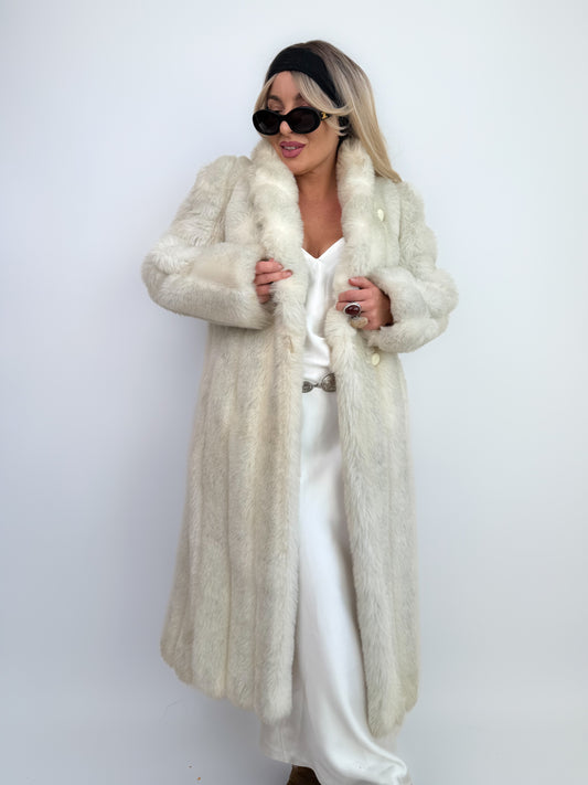 Vintage Ivory White Gray Long Faux Fur Winter Coat Size Small - XS
