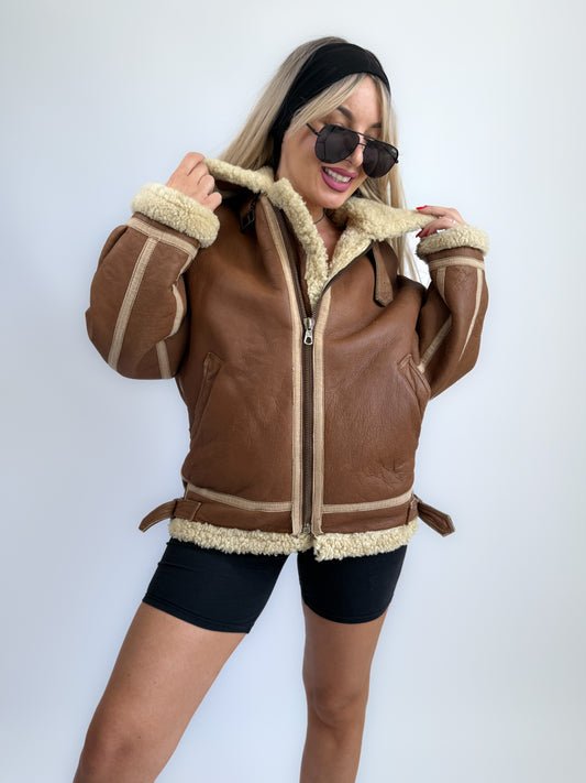 Vintage Shearling Aviator Jacket – Brown Real Leather & Wool Lining, 90s Oversized Fit