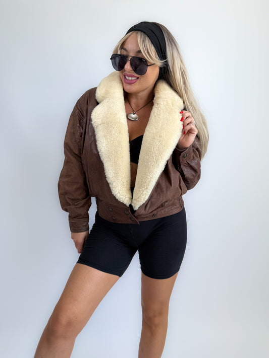 Vintage 90s Brown Leather B3 Bomber Jacket – Shearling Collar & Lining, Pilot Aviation Style, Size S-M