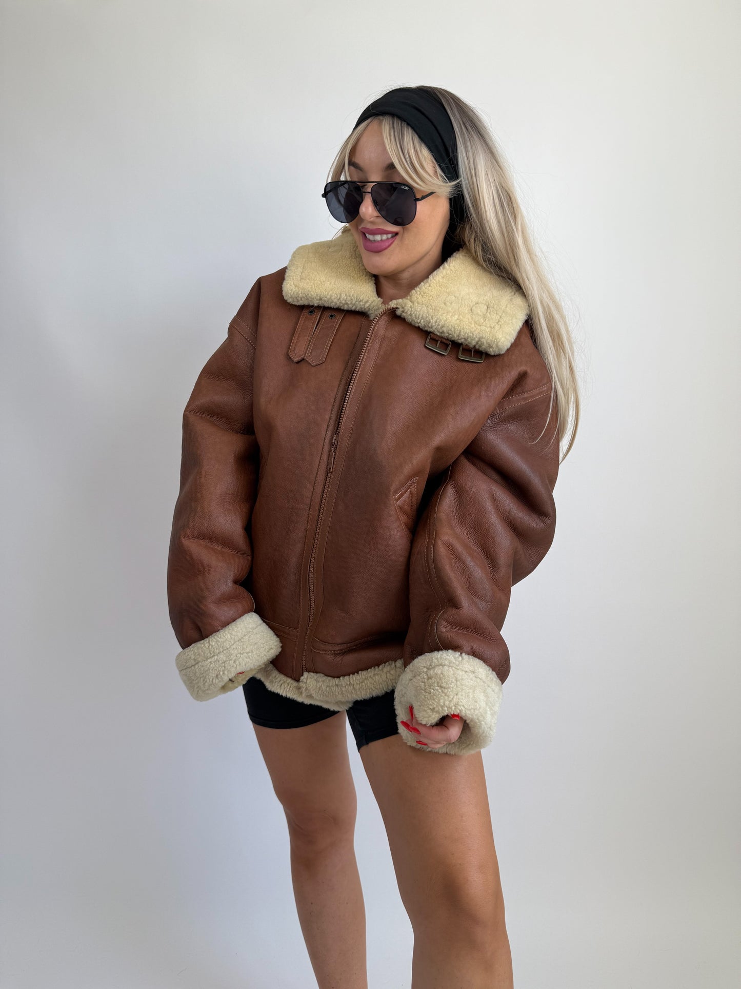 Vintage Shearling Leather Mens Style Bomber Jacket