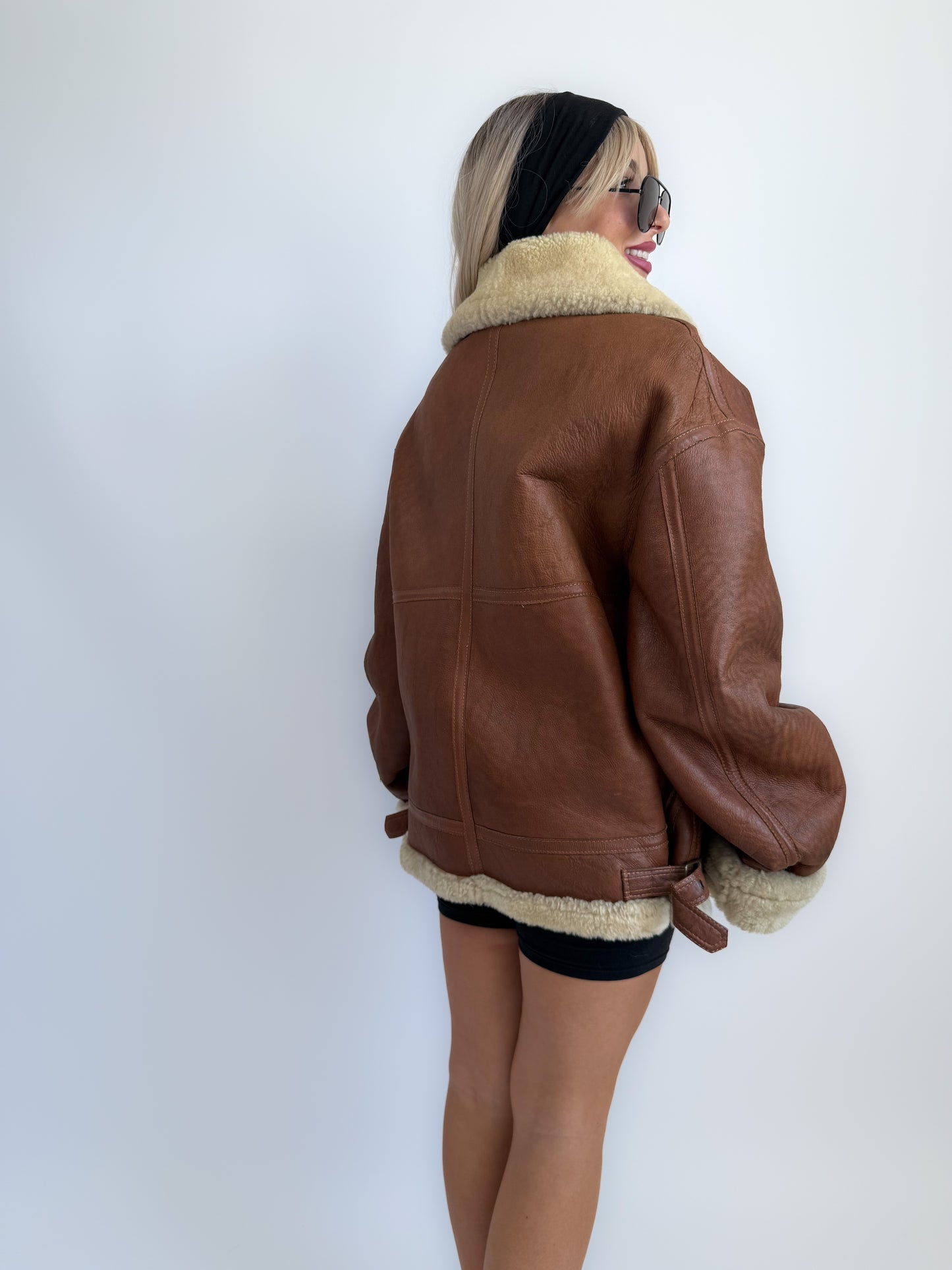 Vintage Shearling Leather Mens Style Bomber Jacket