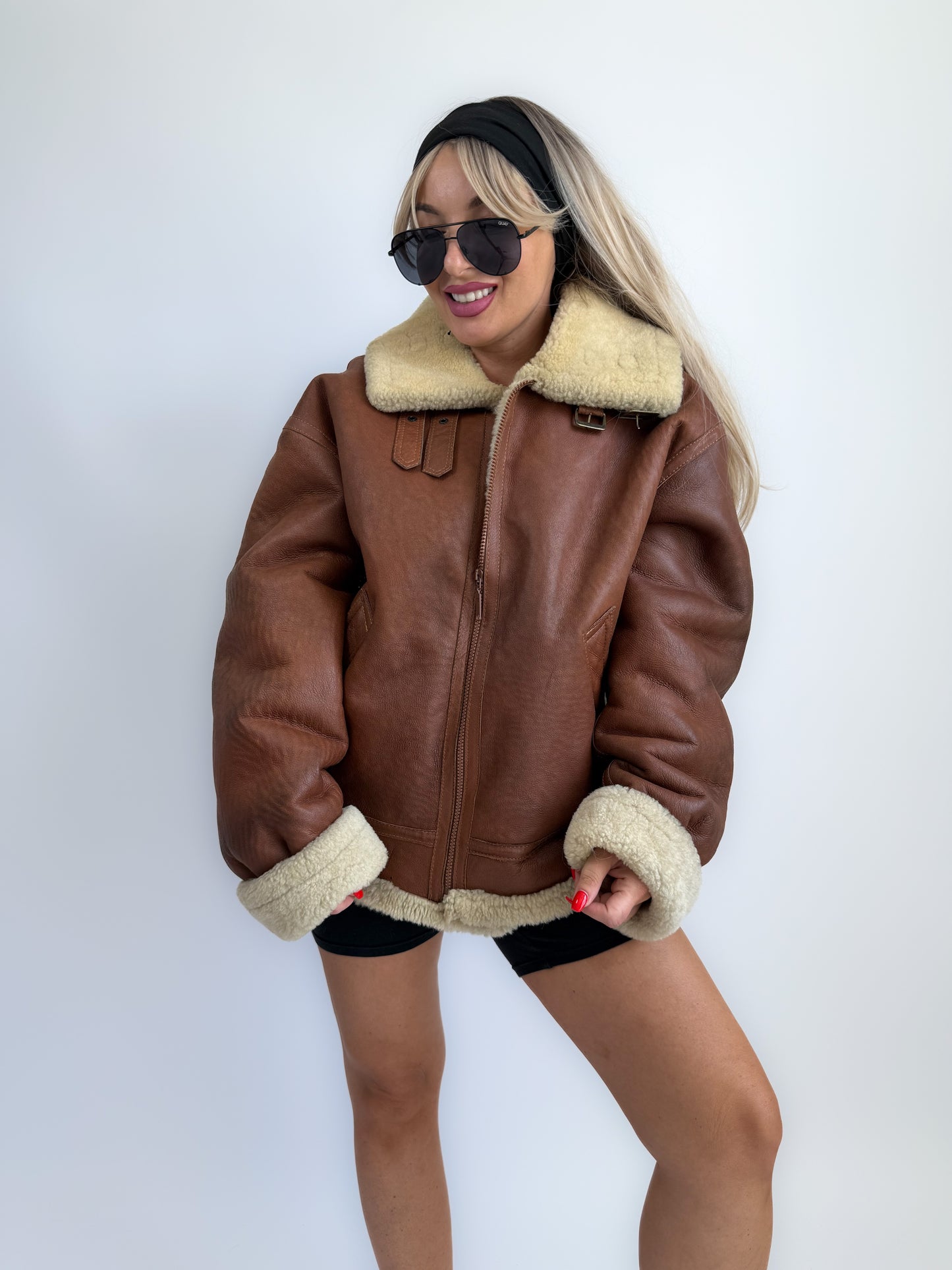 Vintage Shearling Leather Mens Style Bomber Jacket