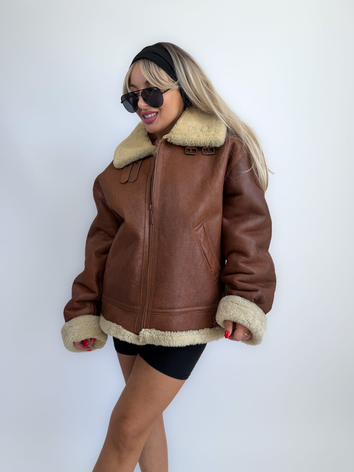 Vintage Shearling Leather Mens Style Bomber Jacket