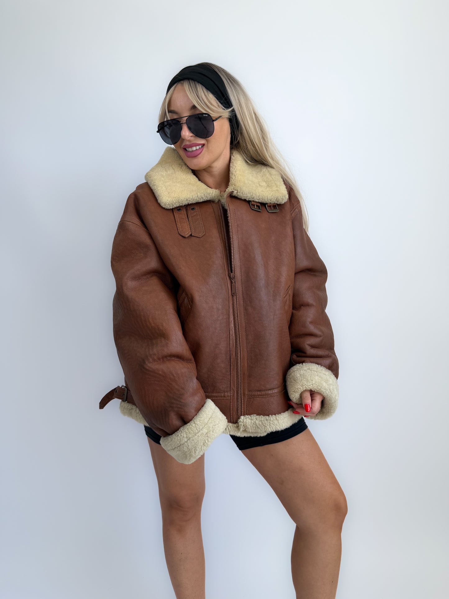 Vintage Shearling Leather Mens Style Bomber Jacket