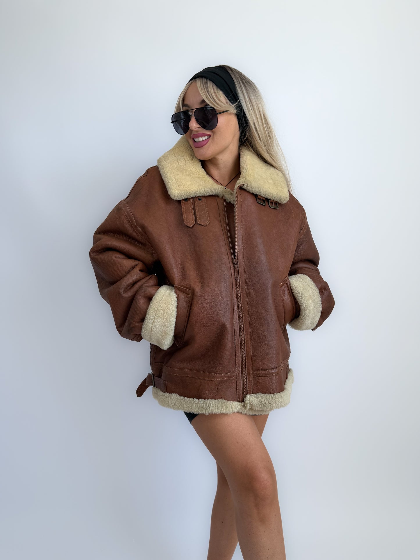 Vintage Shearling Leather Mens Style Bomber Jacket