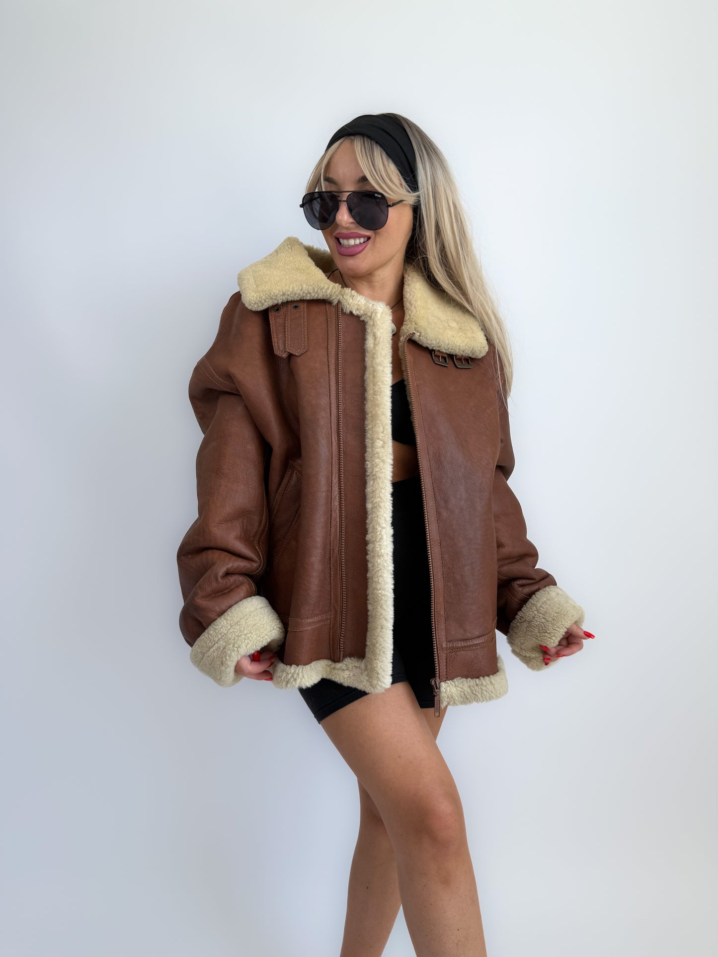 Vintage Shearling Leather Mens Style Bomber Jacket