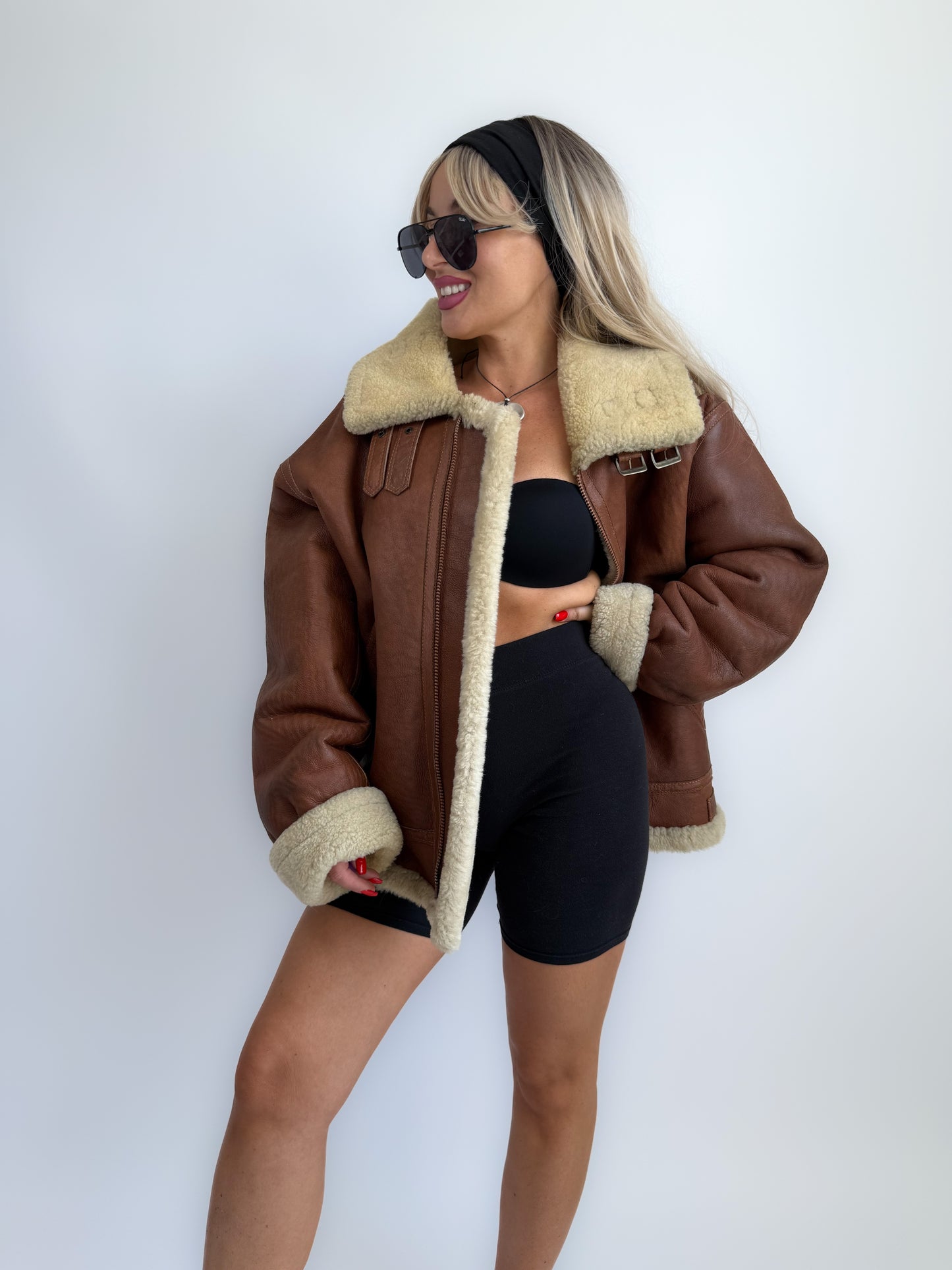 Vintage Shearling Leather Mens Style Bomber Jacket