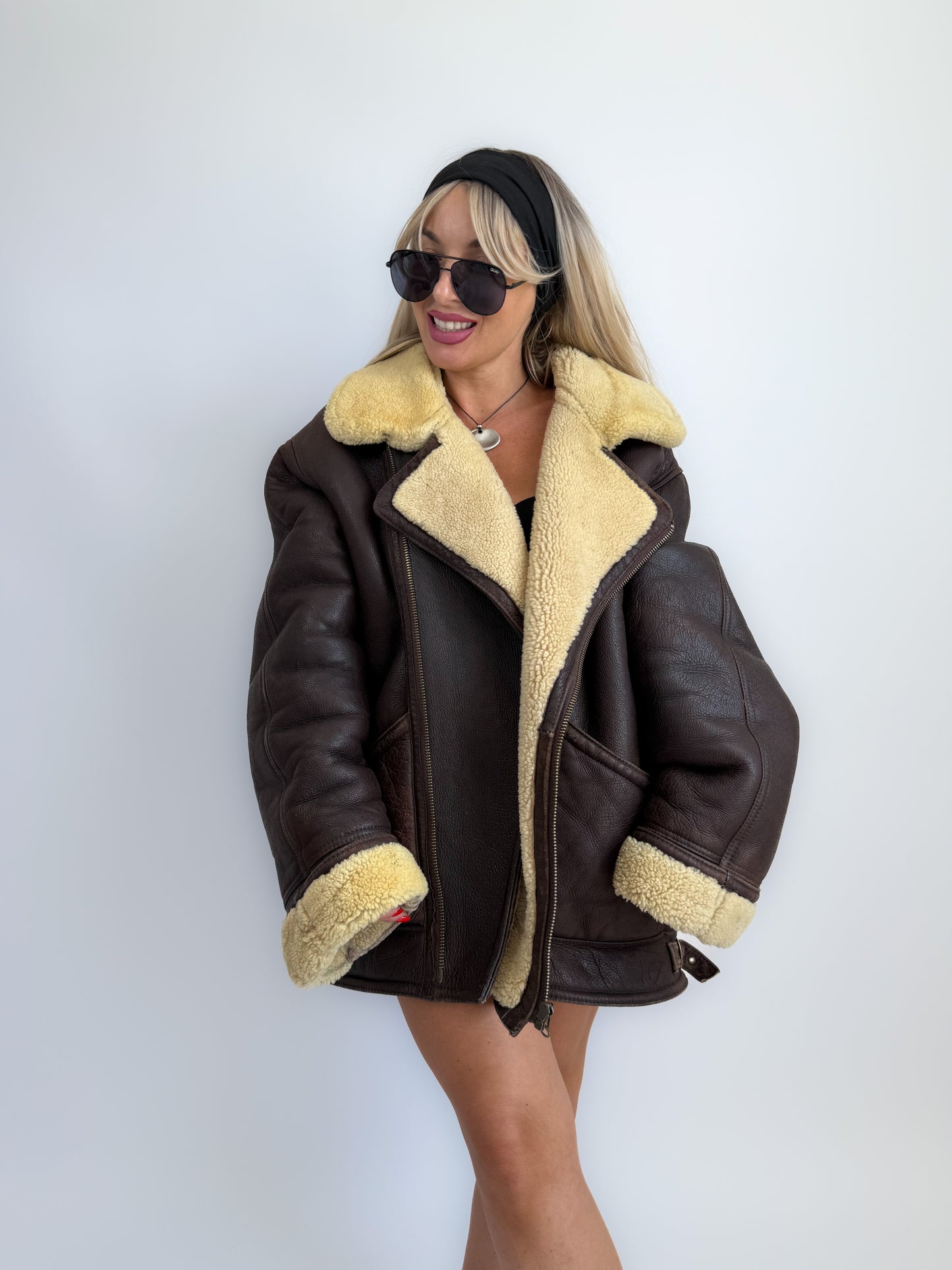 Vintage Brown Shearling Leather Ranch Coat – Yellow Wool Lined Aviator Bomber (L/XL)