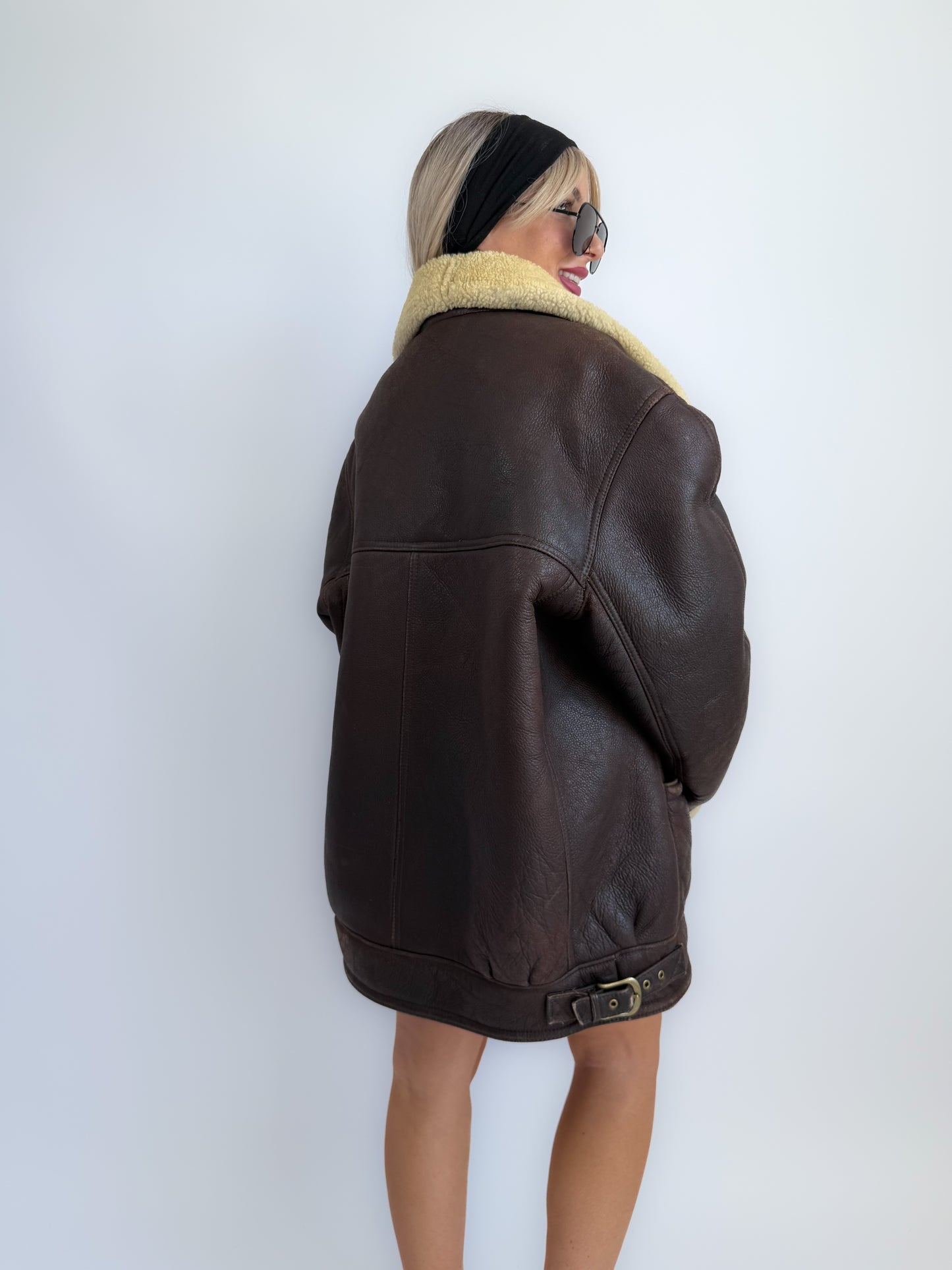 Vintage Brown Shearling Leather Ranch Coat – Yellow Wool Lined Aviator Bomber (L/XL)