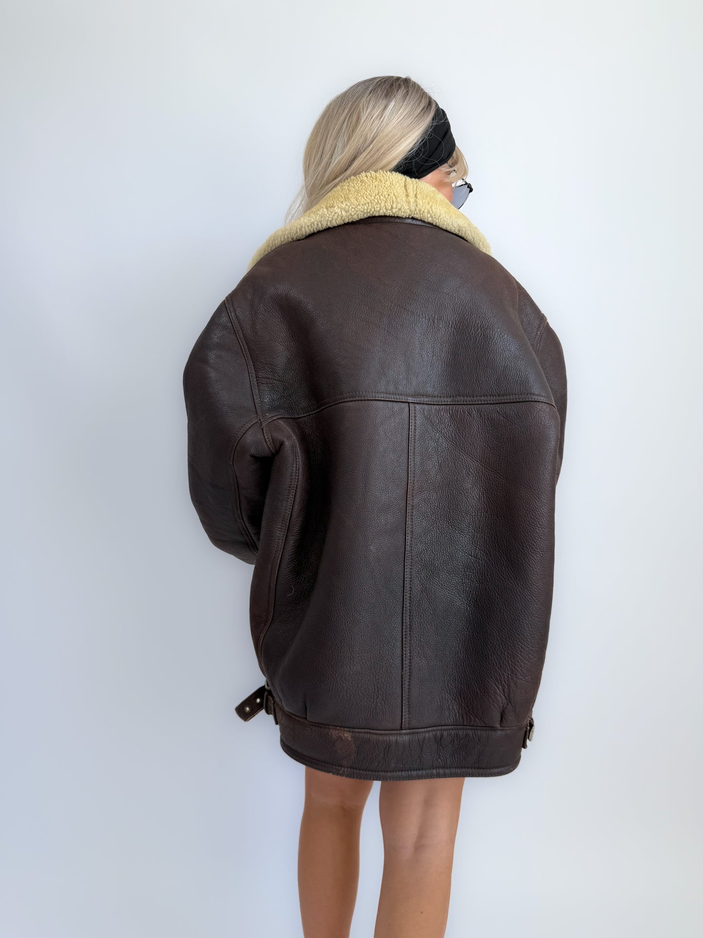 Vintage Brown Shearling Leather Ranch Coat – Yellow Wool Lined Aviator Bomber (L/XL)