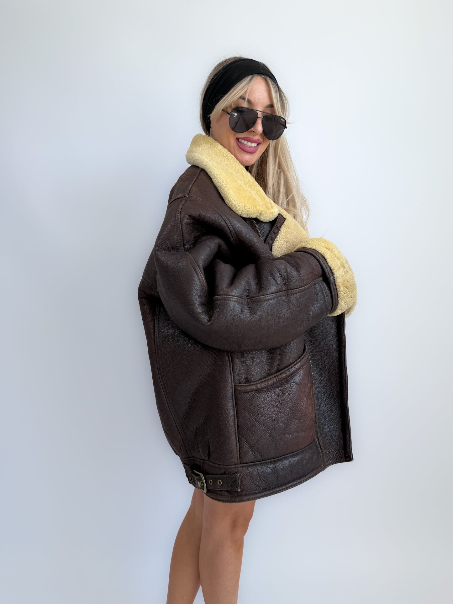 Vintage Brown Shearling Leather Ranch Coat – Yellow Wool Lined Aviator Bomber (L/XL)