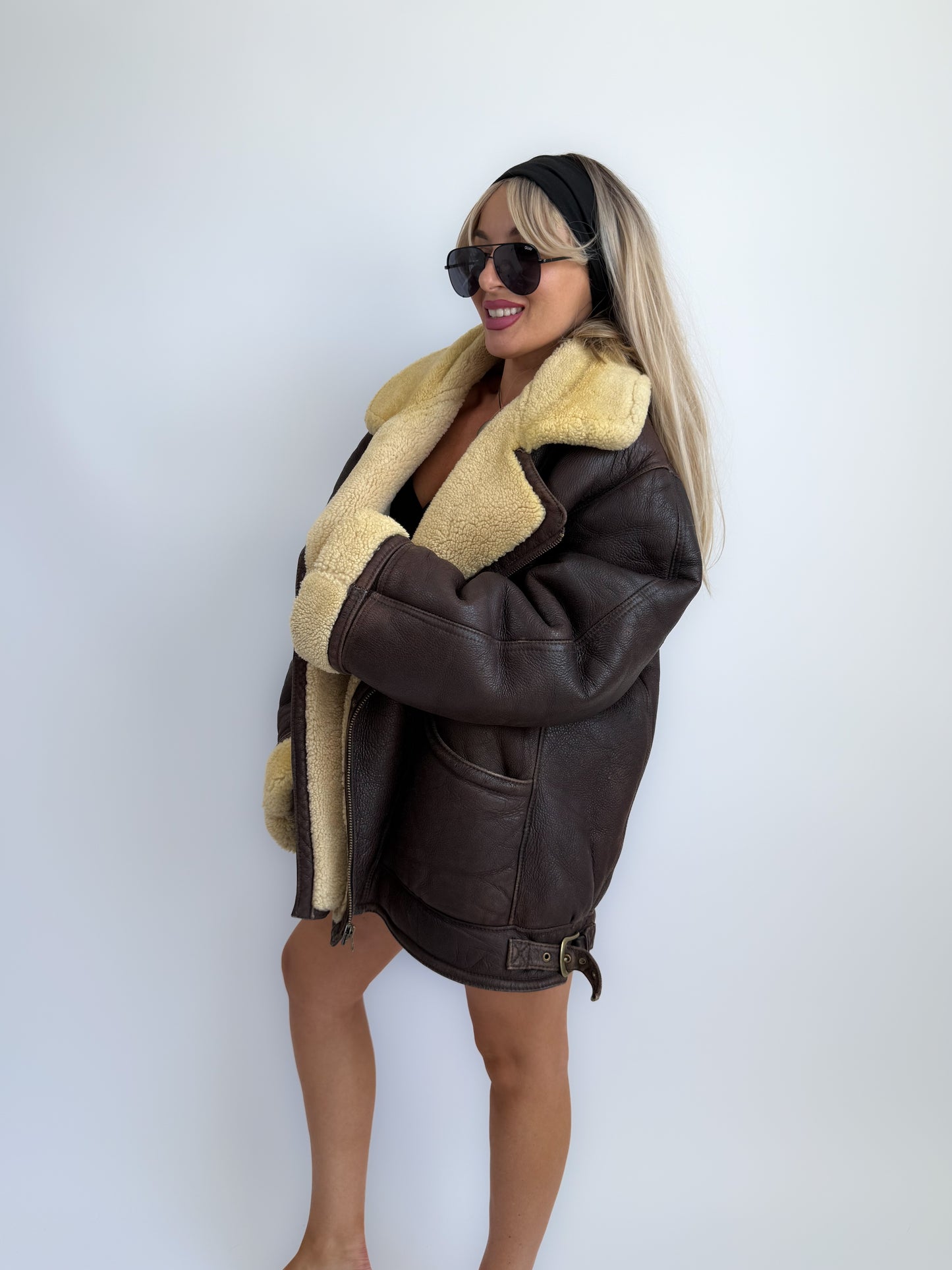 Vintage Brown Shearling Leather Ranch Coat – Yellow Wool Lined Aviator Bomber (L/XL)