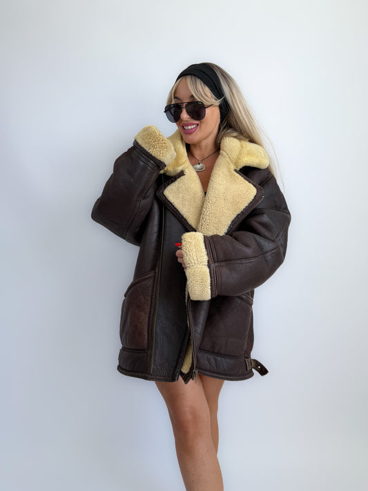 Vintage Brown Shearling Leather Ranch Coat – Yellow Wool Lined Aviator Bomber (L/XL)