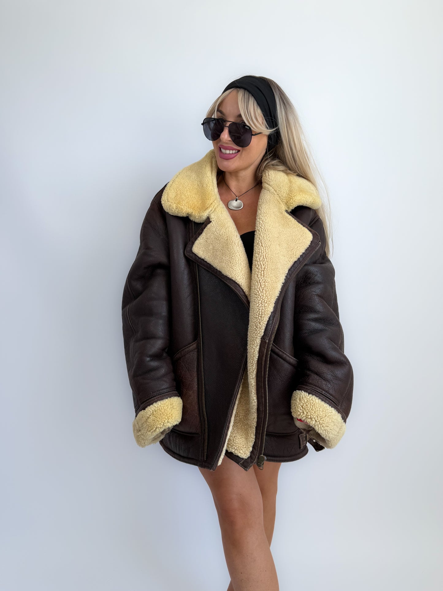 Vintage Brown Shearling Leather Ranch Coat – Yellow Wool Lined Aviator Bomber (L/XL)