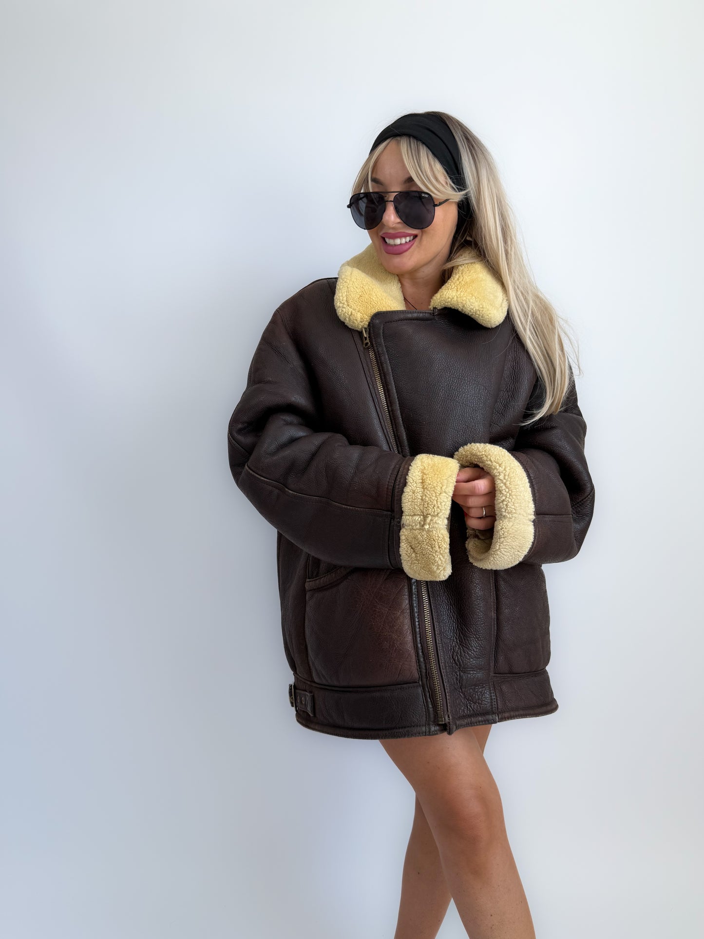 Vintage Brown Shearling Leather Ranch Coat – Yellow Wool Lined Aviator Bomber (L/XL)
