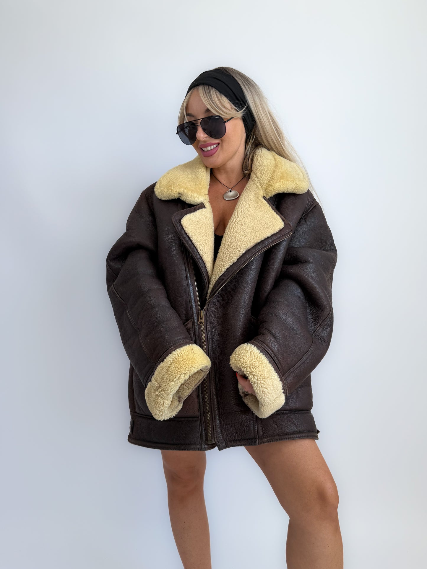 Vintage Brown Shearling Leather Ranch Coat – Yellow Wool Lined Aviator Bomber (L/XL)