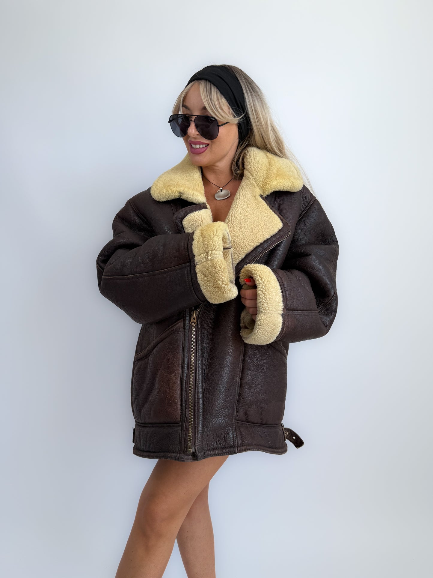 Vintage Brown Shearling Leather Ranch Coat – Yellow Wool Lined Aviator Bomber (L/XL)