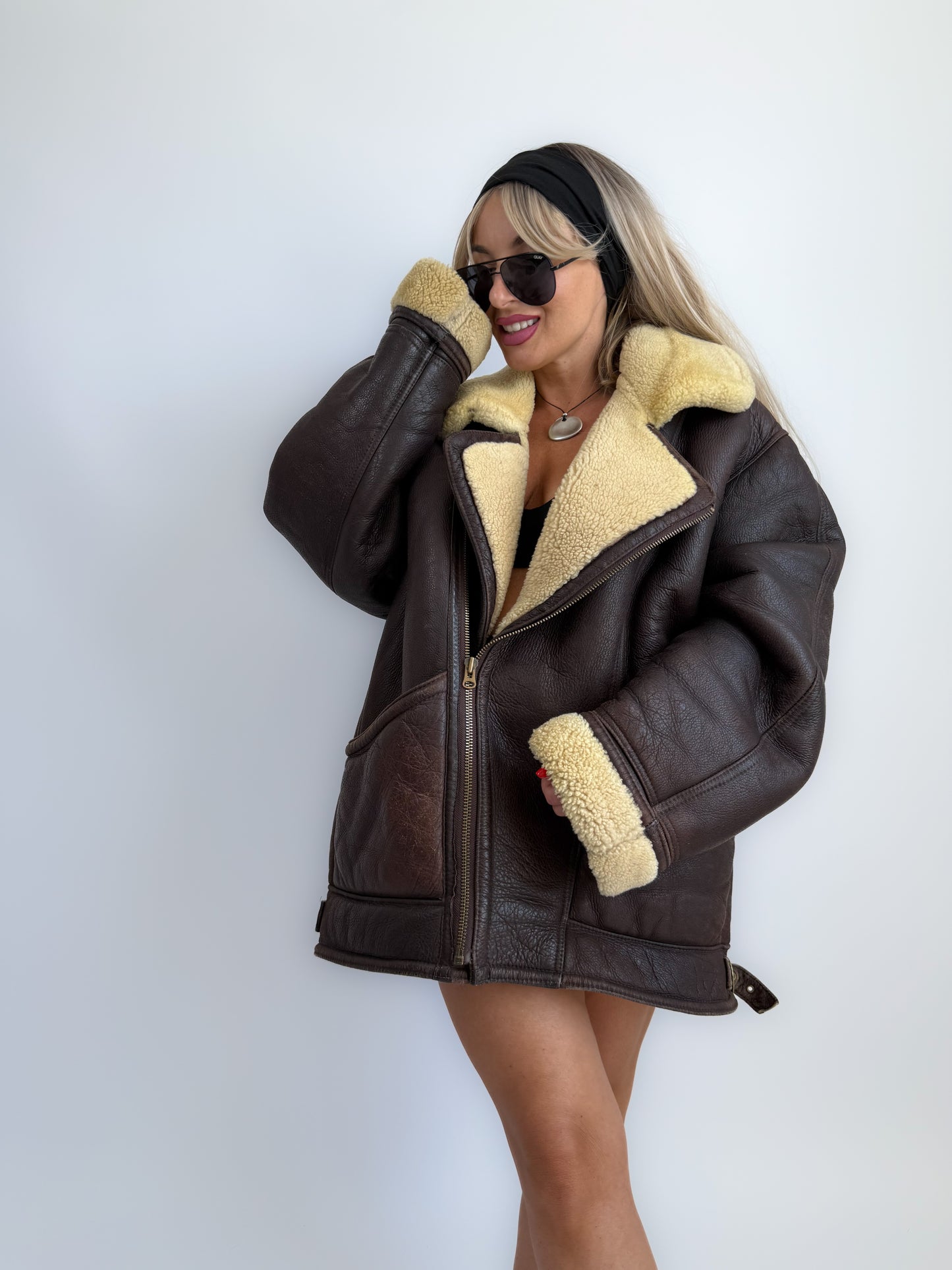 Vintage Brown Shearling Leather Ranch Coat – Yellow Wool Lined Aviator Bomber (L/XL)