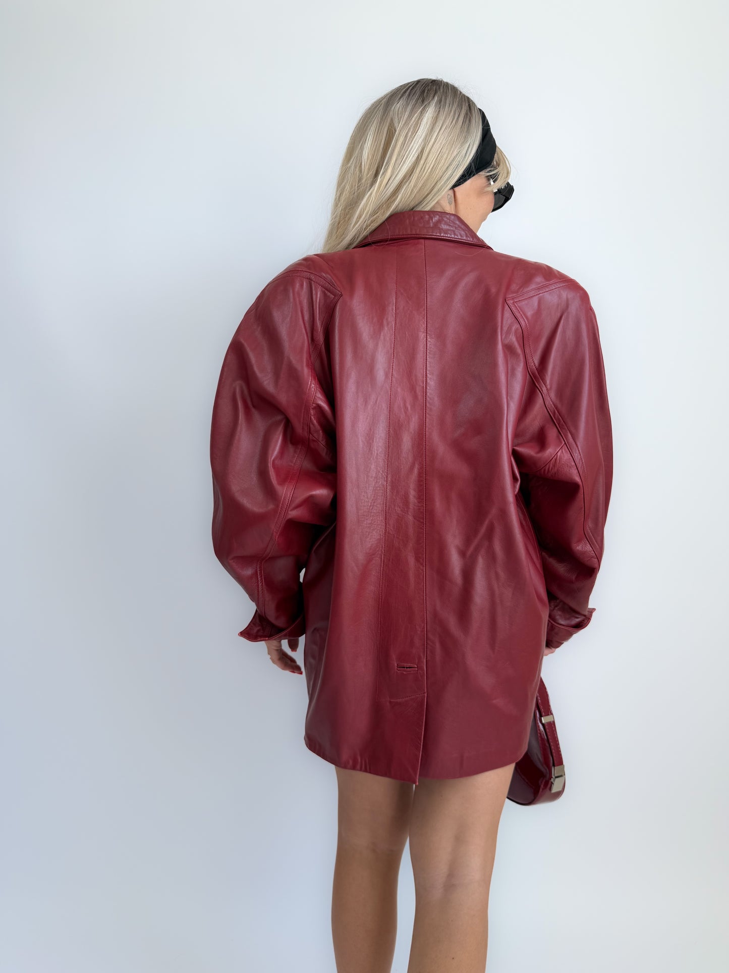 Vintage 90s Burgundy Leather Parka Coat – Oversized Statement Jacket with Shoulder Pads S-M-L