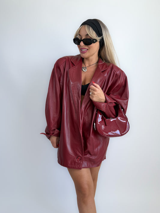 Vintage 90s Burgundy Leather Parka Coat – Oversized Statement Jacket with Shoulder Pads S-M-L