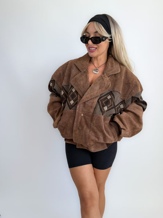 Vintage 80s 90s Brown Suede Leather Bomber Jacket – Aztec Navajo Boho Southwestern Geometric Print M-XL