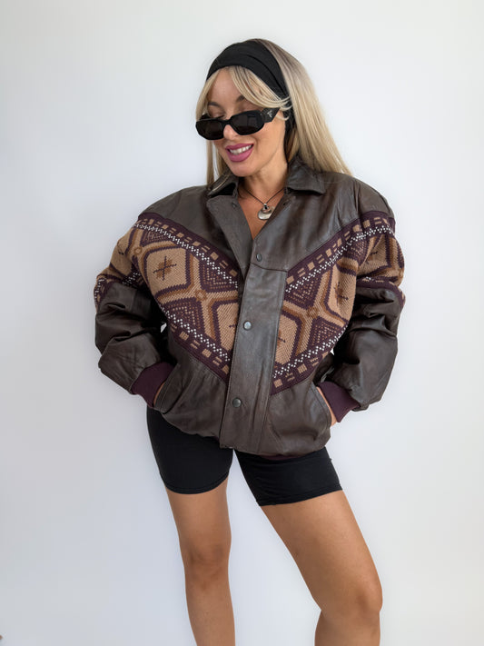 Vintage 90s Chocolate Brown Leather Bomber Jacket – Navajo Southwestern Aztec Print M-L