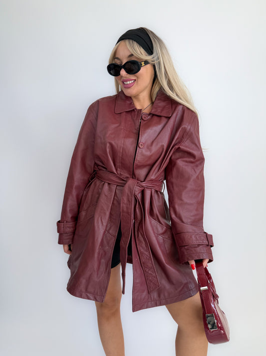 Burgundy Leather Trench Coat – 90s Statement Jacket with Waist Belt – Vintage Fall Outerwear L