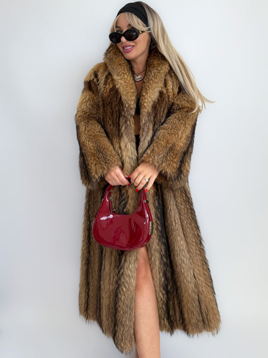 Vintage Full-Length Natural Raccoon Fur Coat – Brown Striped Heavyweight Winter Statement Jacket S-M