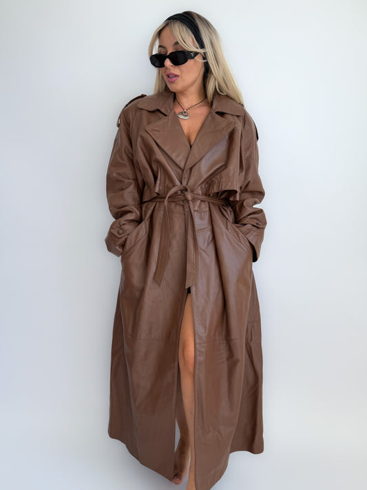Vintage 90s Chocolate Brown Leather Full Length Trench Coat – Oversized Maxi Statement Jacket with Waist Belt X-XL