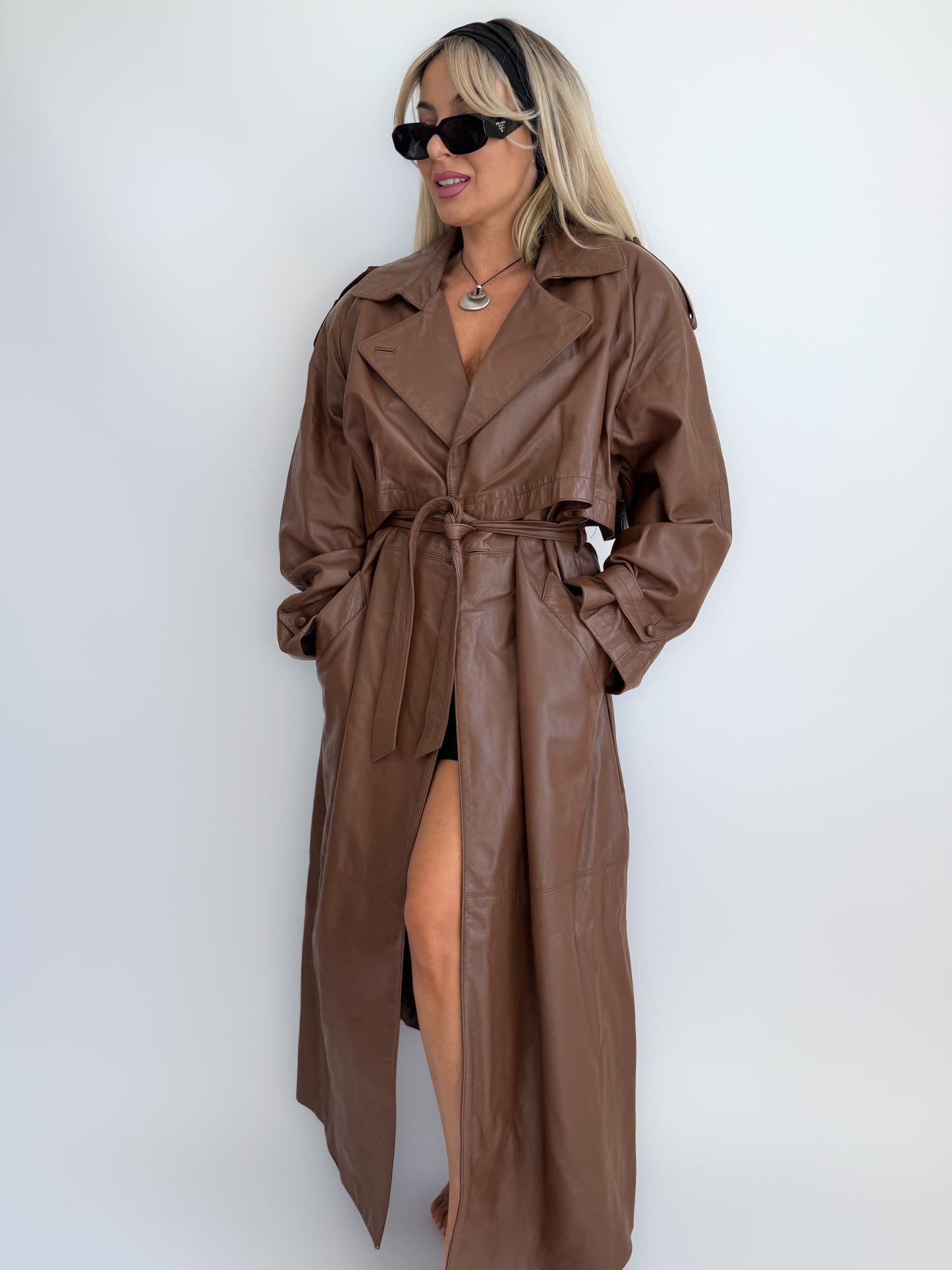 Vintage 90s Chocolate Brown Leather Full Length Trench Coat – Oversized Maxi Statement Jacket with Waist Belt X-XL