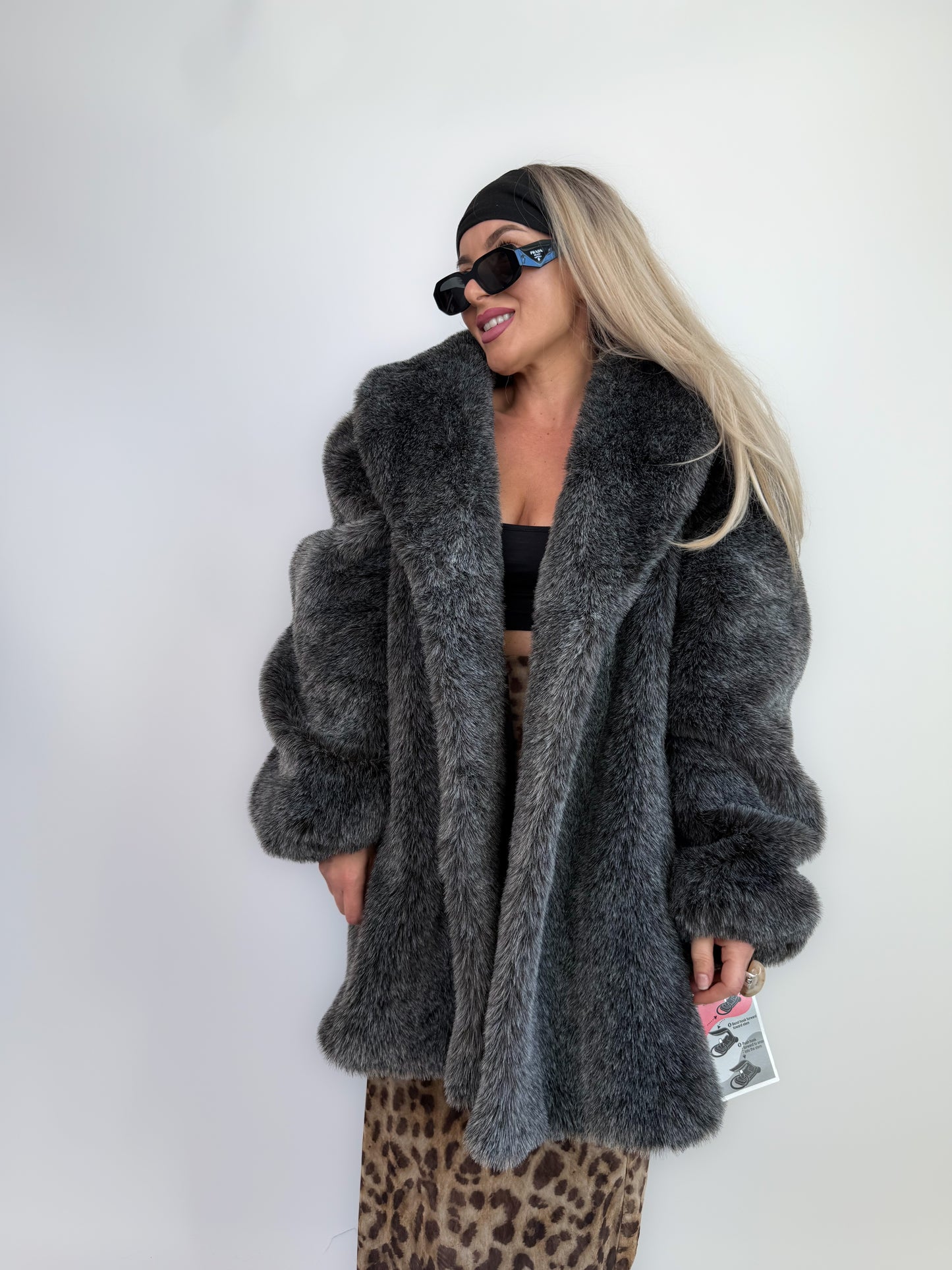 Vintage Faux Fur Coat Frosted Black Gray Raccoon Look Winter Jacket L-XL