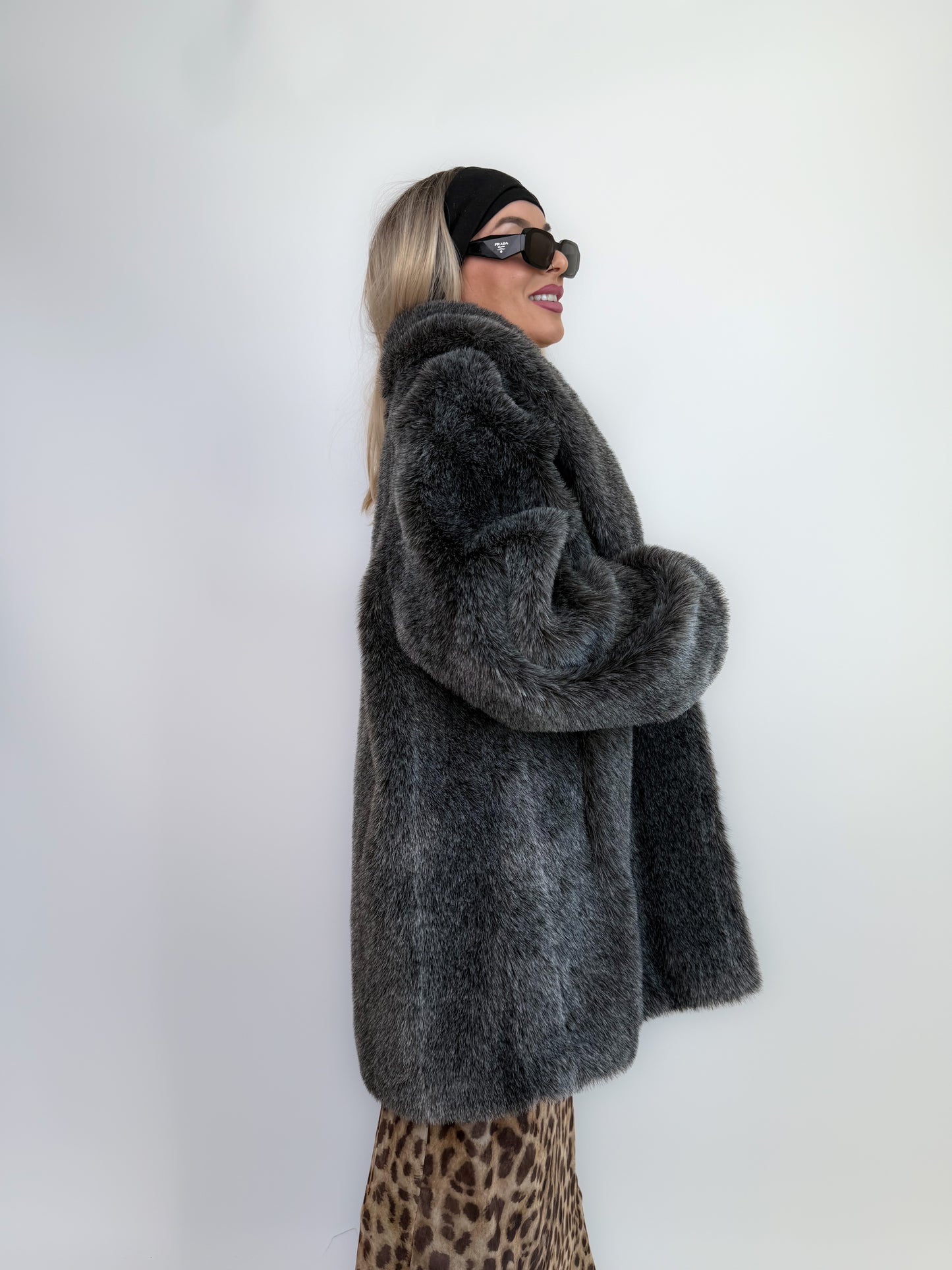 Vintage Faux Fur Coat Frosted Black Gray Raccoon Look Winter Jacket L-XL