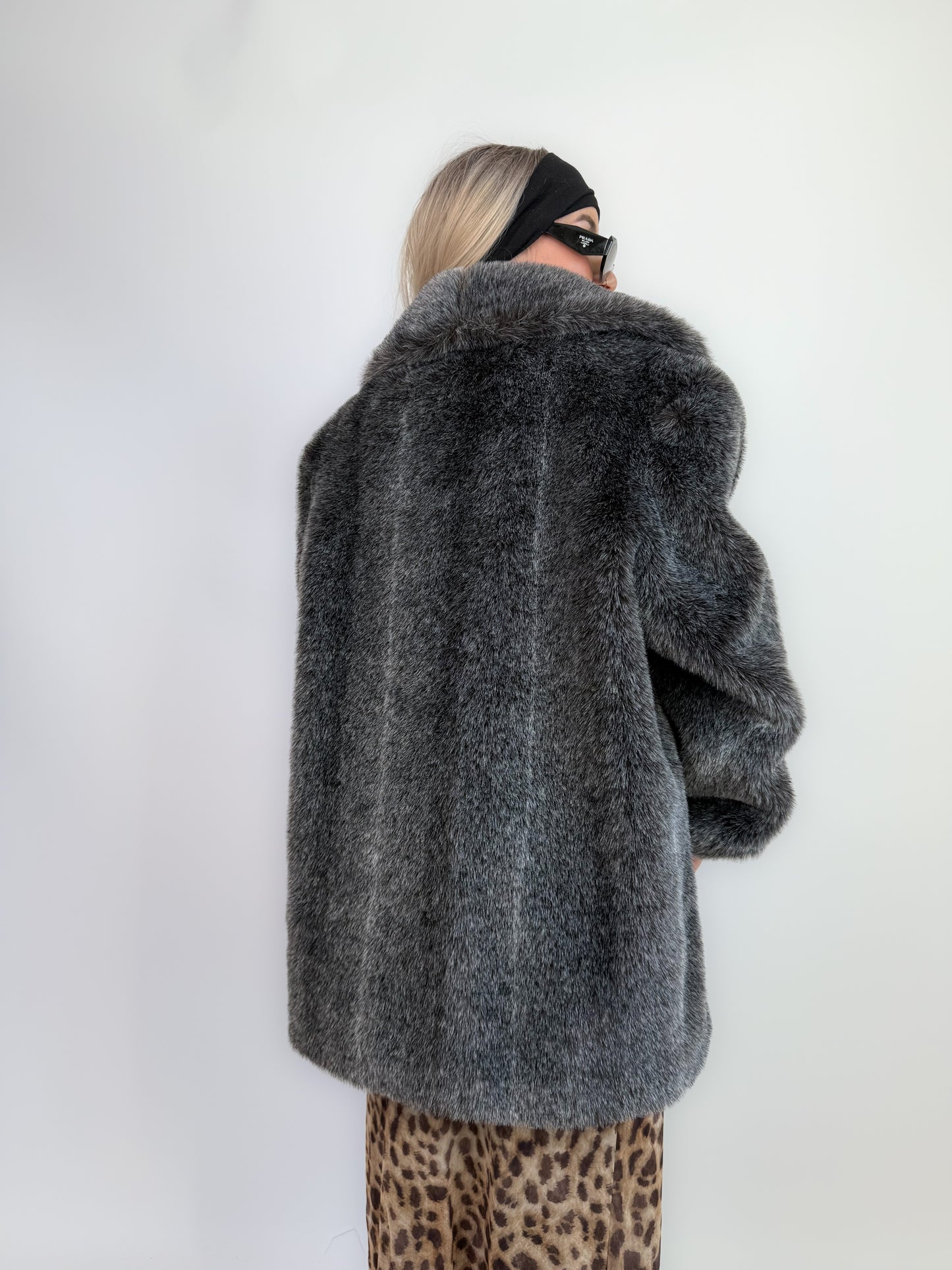 Vintage Faux Fur Coat Frosted Black Gray Raccoon Look Winter Jacket L-XL
