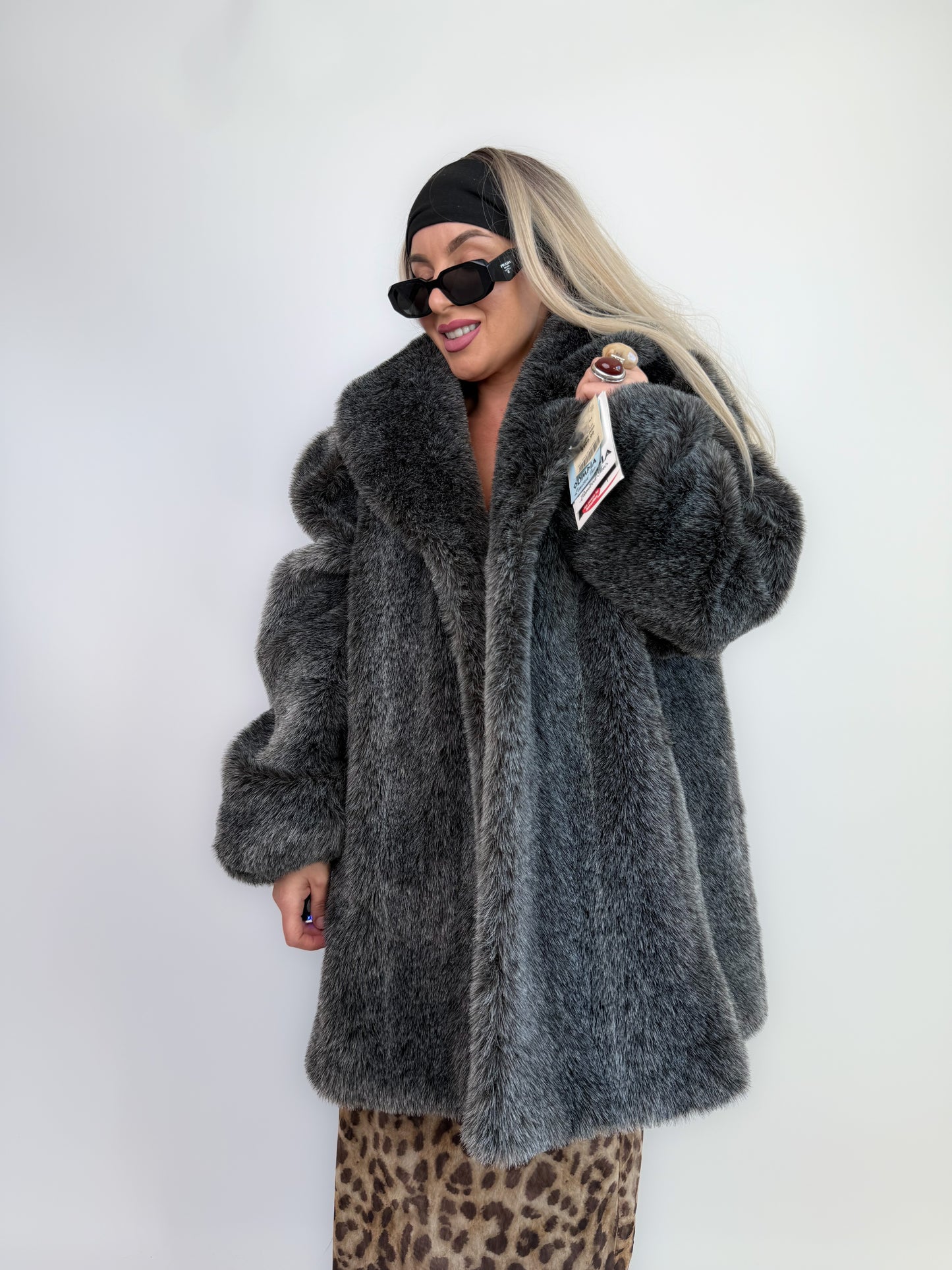 Vintage Faux Fur Coat Frosted Black Gray Raccoon Look Winter Jacket L-XL