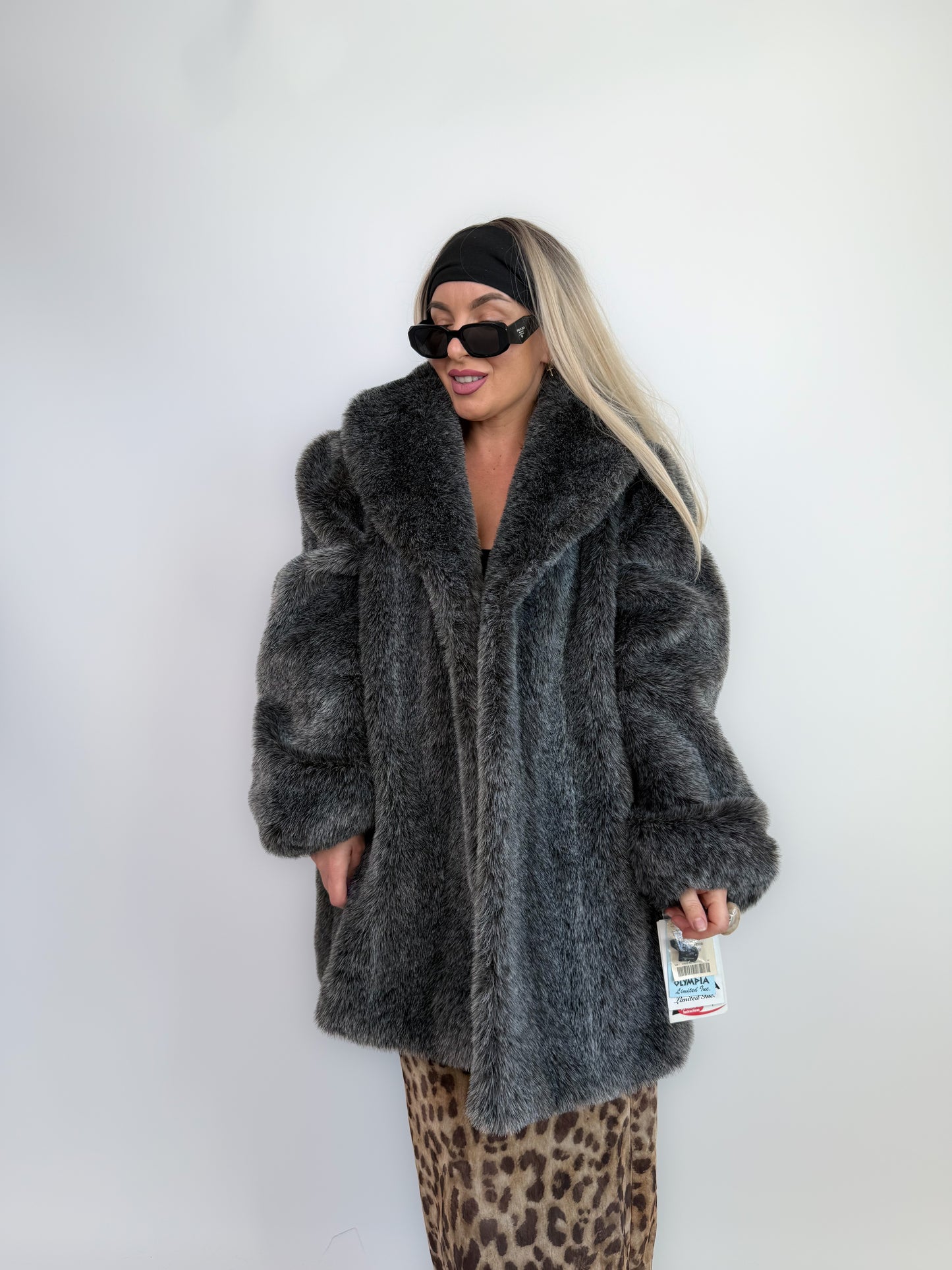 Vintage Faux Fur Coat Frosted Black Gray Raccoon Look Winter Jacket L-XL