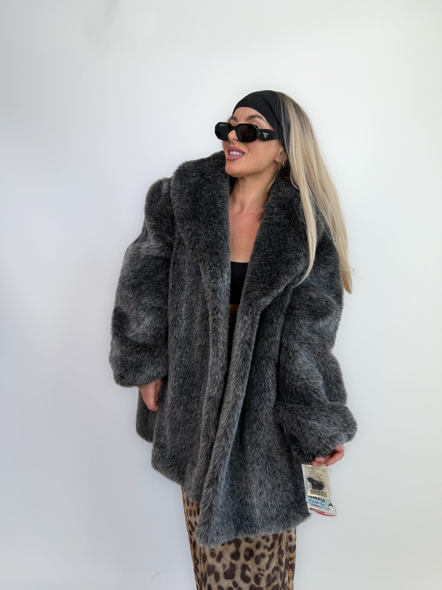 Vintage Faux Fur Coat Frosted Black Gray Raccoon Look Winter Jacket L-XL